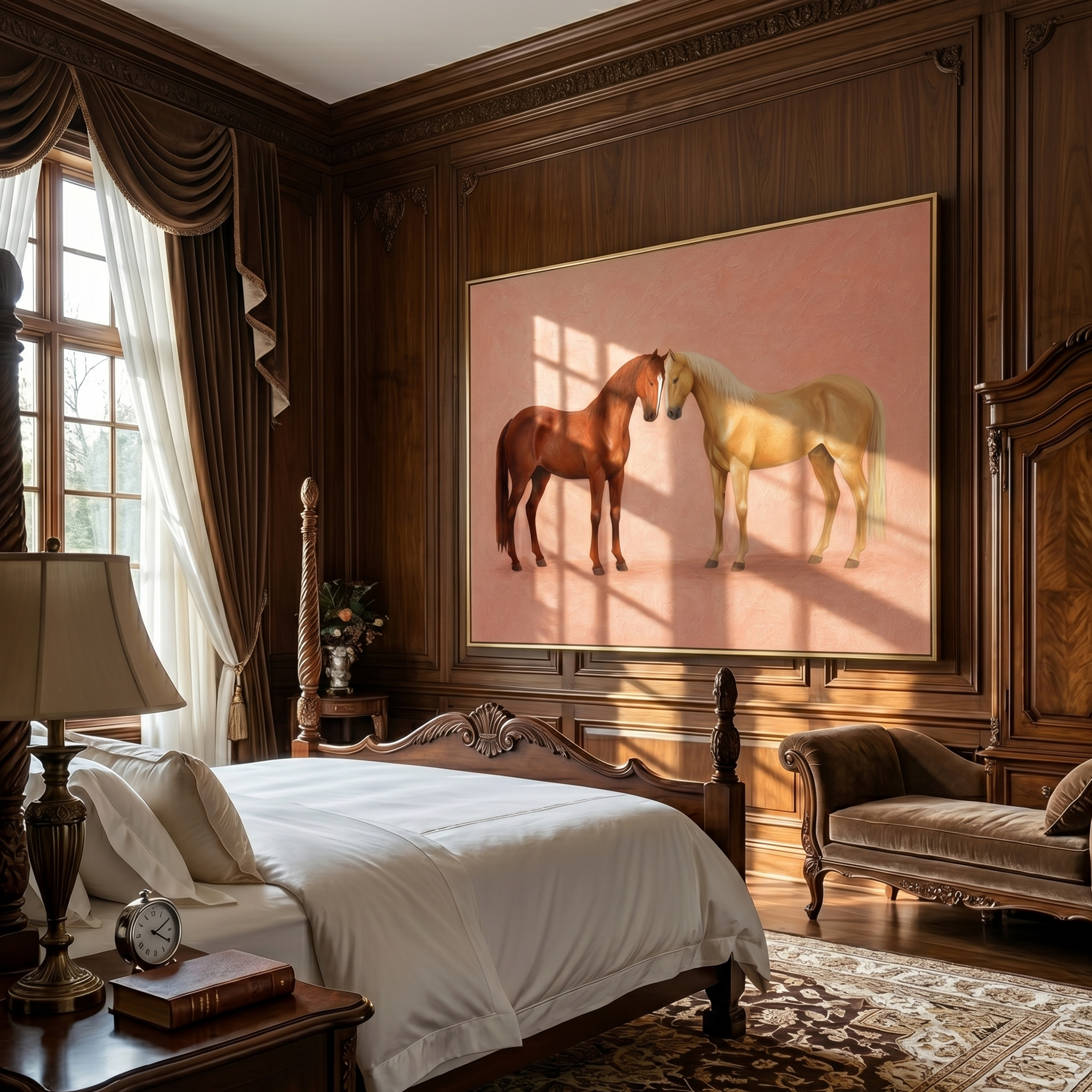 "Bonded Equine Pair" – Modern Heavy Impasto Animal Art | 3D Russet & Sand Palette Knife Painting | Luxury Horizontal Wall Art #AN 004