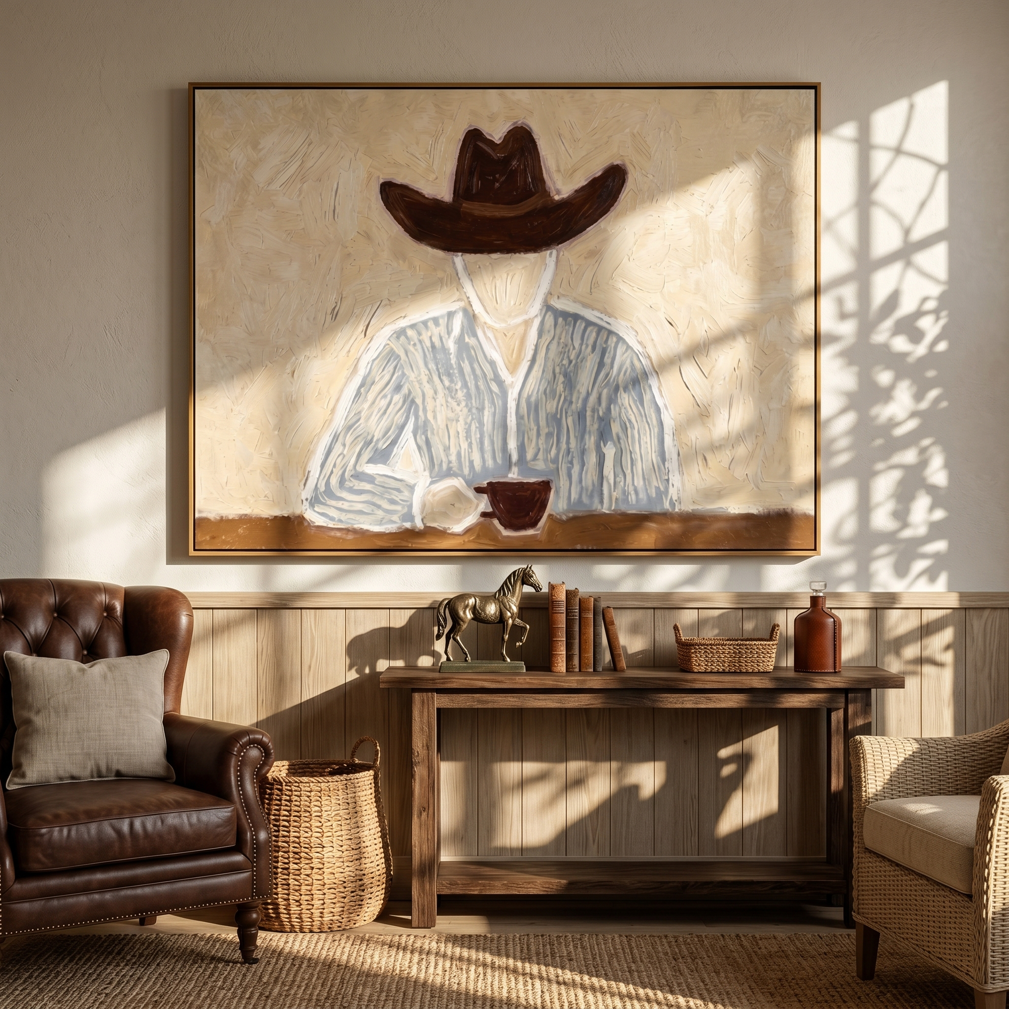 "The Quiet Pour" — 3D Textured Abstract Cowboy Wall Art | Warm Neutral Framed Painting#yk1200