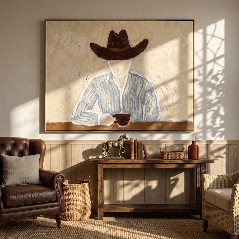 "The Quiet Pour" — 3D Textured Abstract Cowboy Wall Art | Warm Neutral Framed Painting#yk1200