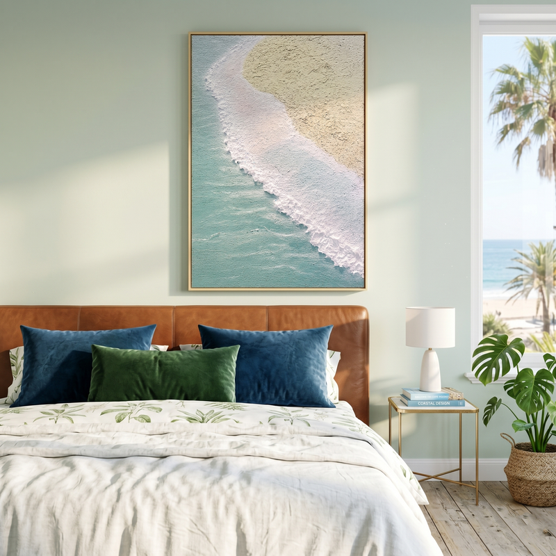 "Azure Crest" – Extreme 3D Heavy Impasto Coastal Abstract | Vertical Seafoam & Sand Statement Art