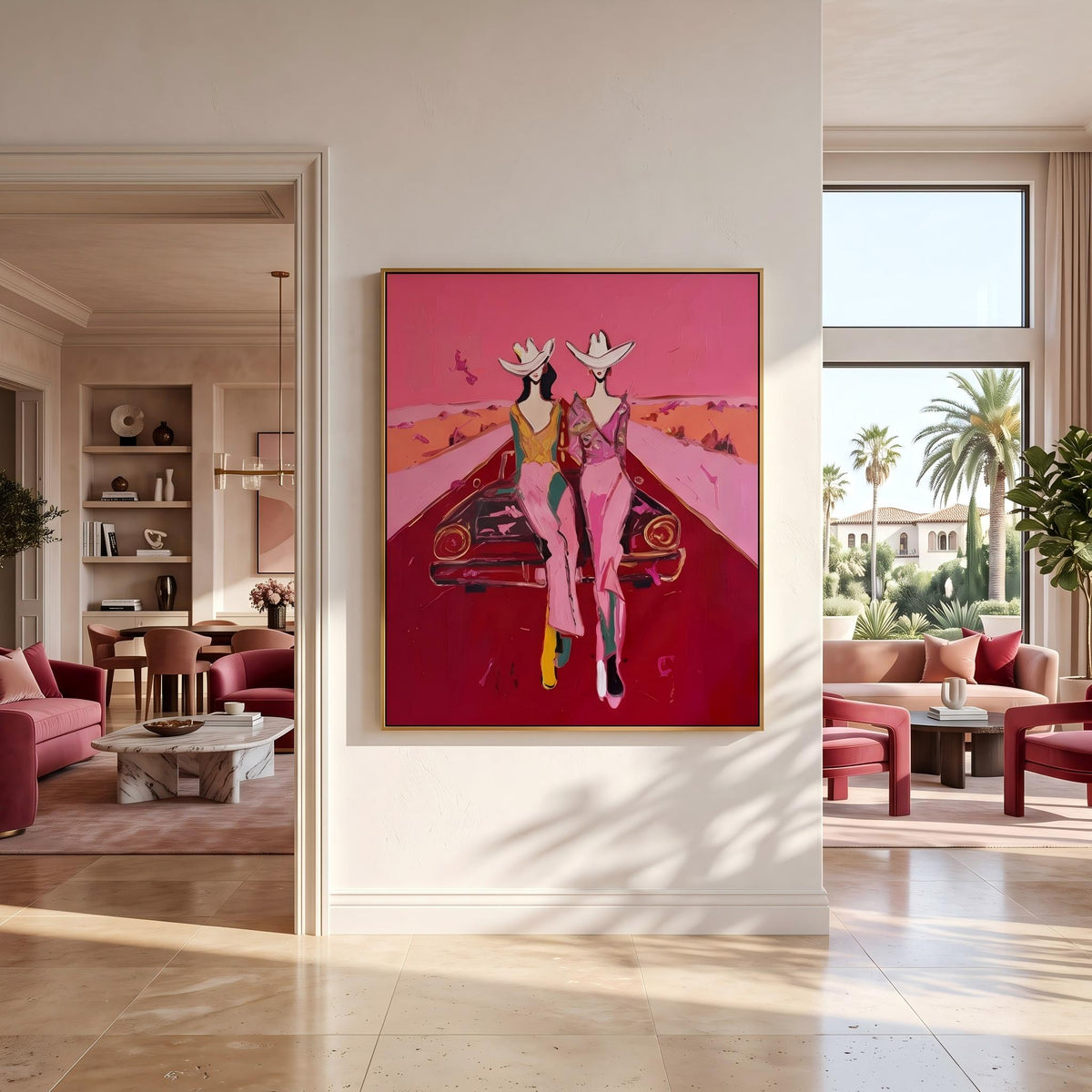"Cowgirls on the Road" - Modern Heavy Impasto Abstract Artwork | Pink Palette Knife Painting | Luxury Vertical Wall Art #YK 1585