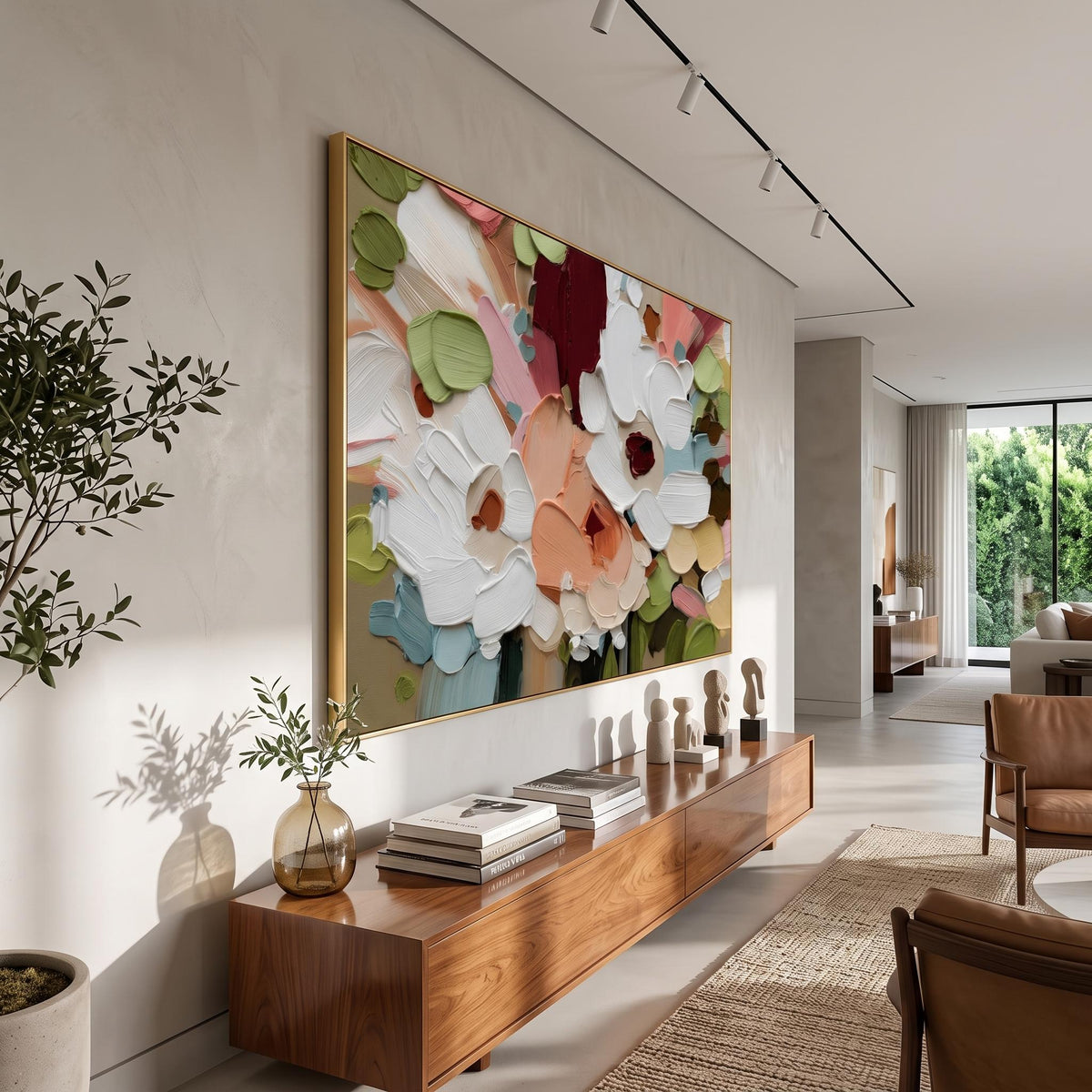 "Colorful Textured Floral Wall" - Modern Heavy Impasto Floral Abstract | White Palette Knife Painting | Luxury Horizontal Wall Art #YK 1615