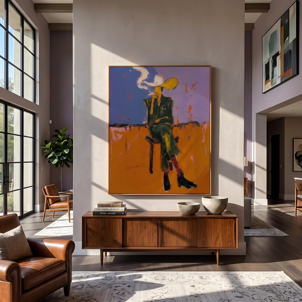"Cigarettes Western Cowboy" - Modern Heavy Impasto Western Animal Artwork | Orange Palette Knife Painting | Luxury Vertical Wall Art #YK 1579
