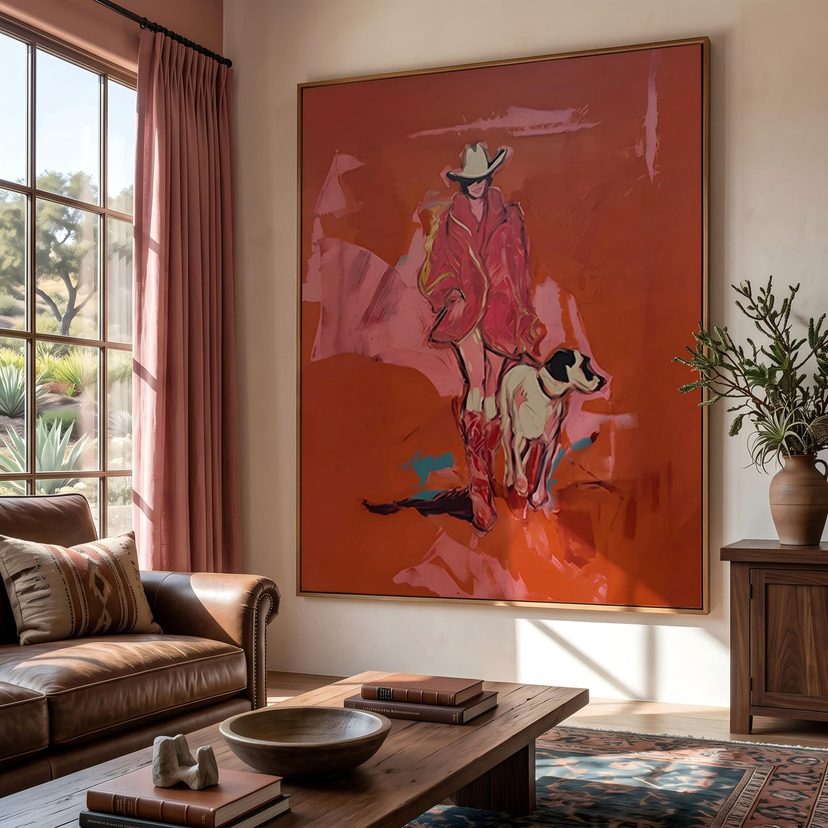 "Cowgirl and Dog" - Modern Heavy Impasto Dog Portrait Artwork | Pink Palette Knife Painting | Luxury Vertical Wall Art #YK 1583