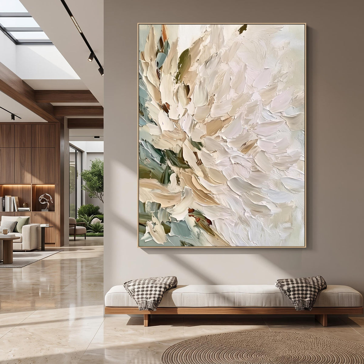 "Vertical Impasto White Flower" - Modern Heavy Impasto Floral Abstract | Beige Palette Knife Painting | Luxury Vertical Wall Art #YK 1553