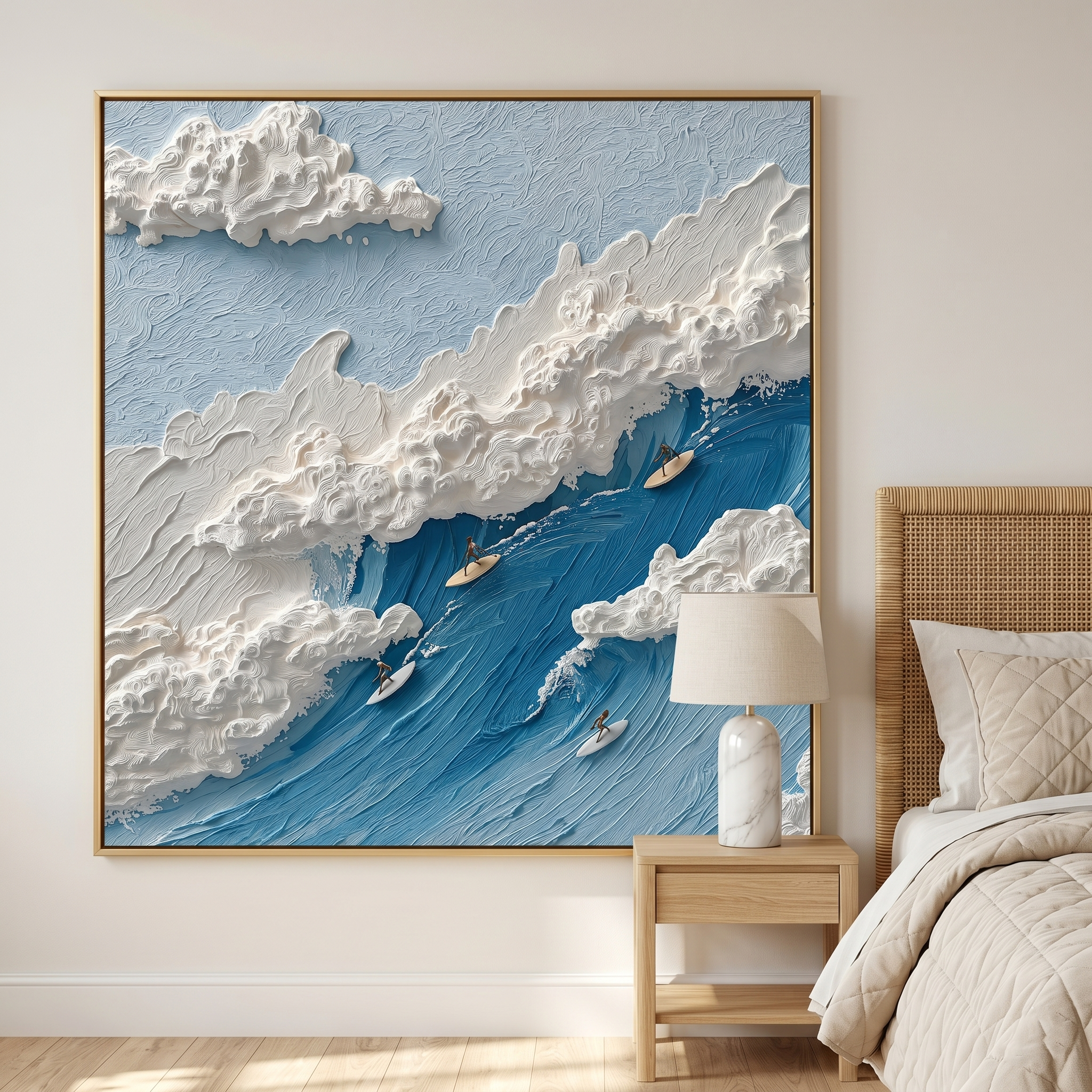 "Infinite Crest" – Modern 3D Heavy Impasto Surfing Relief | Energetic Azure Statement Art