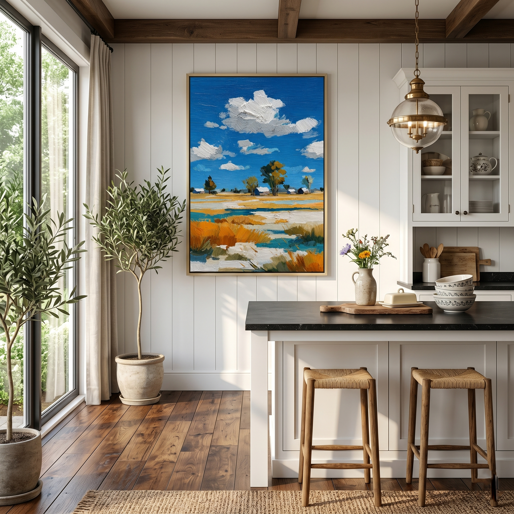"Azure Prairie" – 3D Heavy Impasto Rustic Landscape | Vibrant Blue & Gold Statement Art
