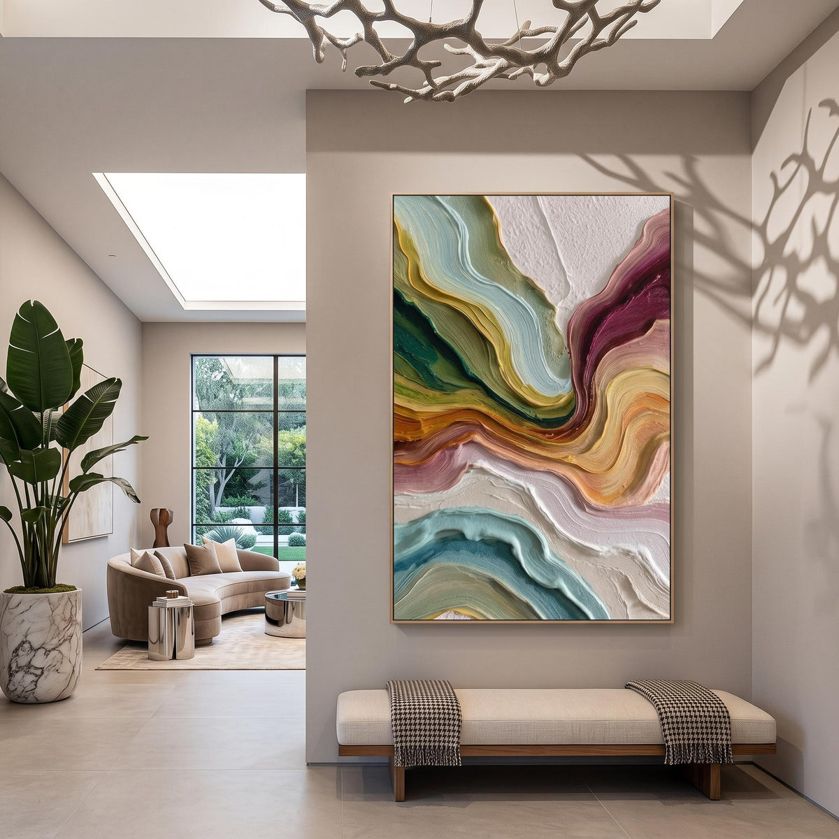 "Multicolor Layer Flow Abstract Wall" - Modern Heavy Impasto Abstract Artwork | Beige Palette Knife Painting | Luxury Vertical Wall Art #YK 1554