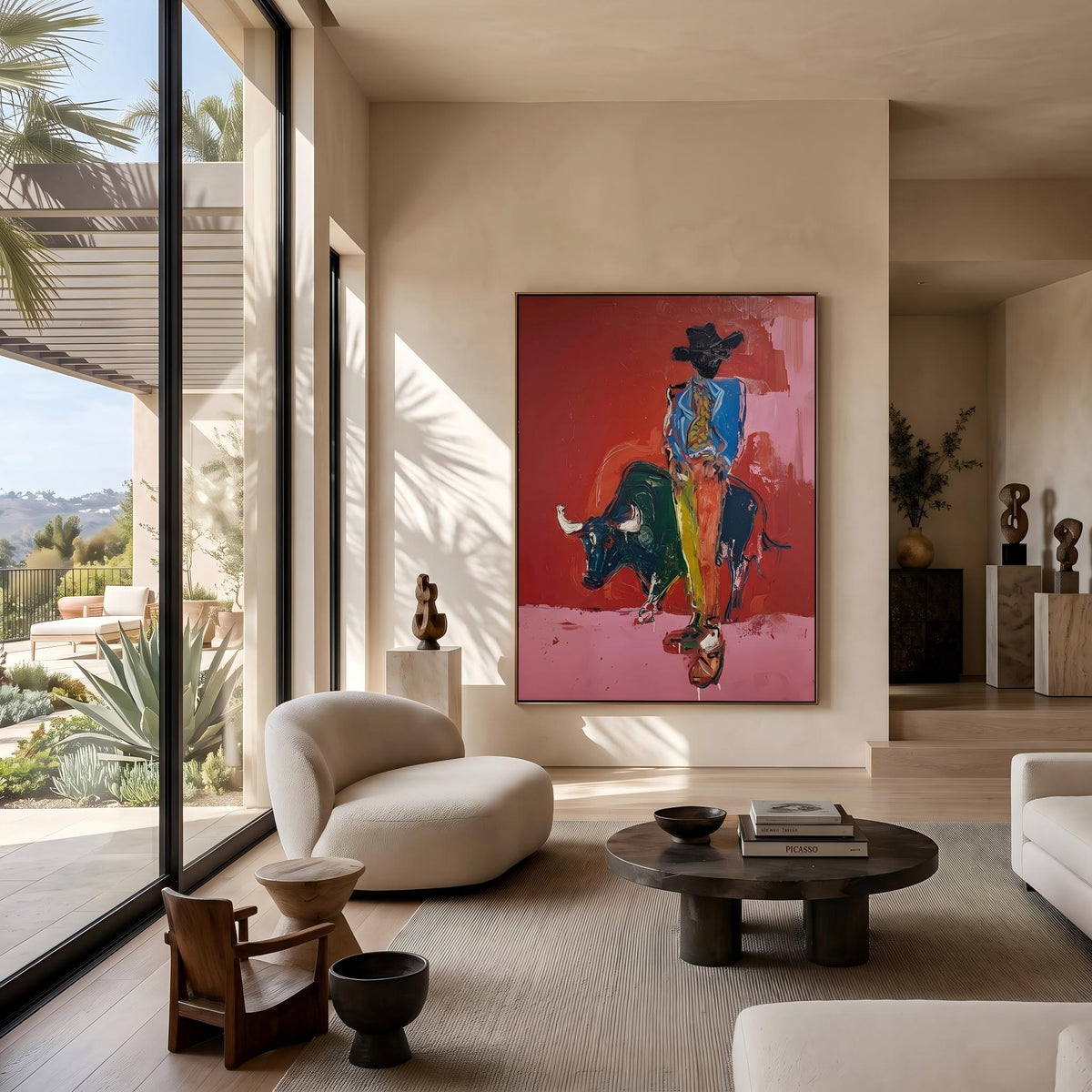 "Bullfighting Western Cowboy" - Modern Heavy Impasto Western Animal Artwork | Pink Palette Knife Painting | Luxury Vertical Wall Art #YK 1581