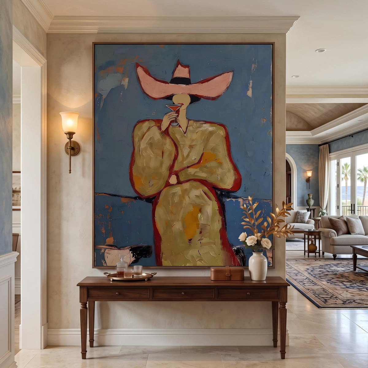 "Pink cowboy hat woman drinking cocktail" - Modern Heavy Impasto Western Animal Artwork | Golden & Orange Palette Knife Painting | Luxury Vertical Wall Art #YK 1576