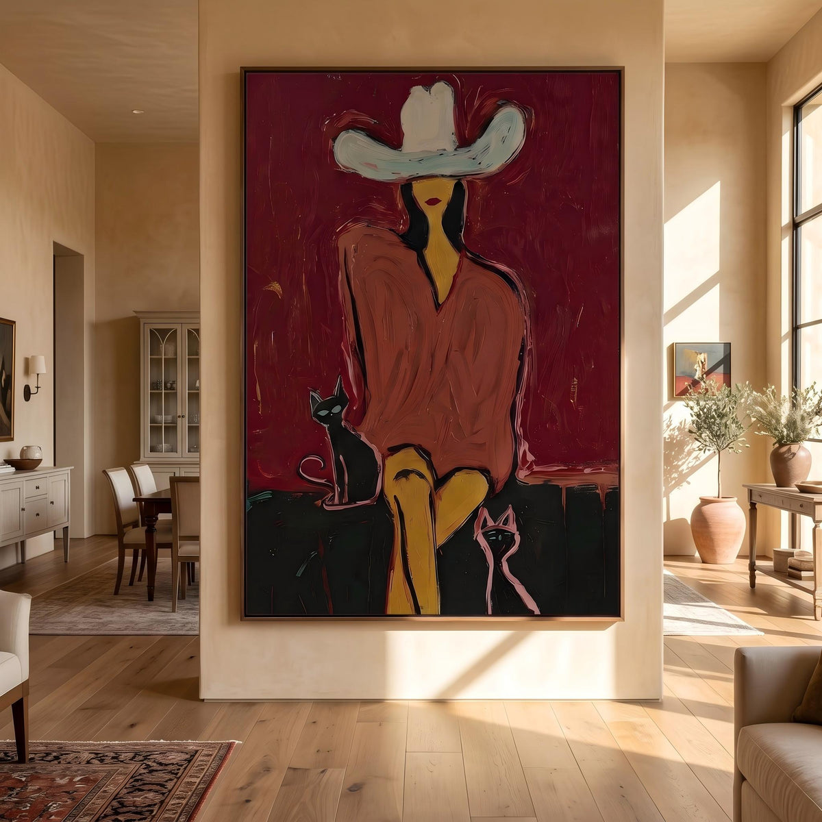 "Western Woman and Cat" - Modern Heavy Impasto Western Animal Artwork | Golden Palette Knife Painting | Luxury Vertical Wall Art #YK 1574