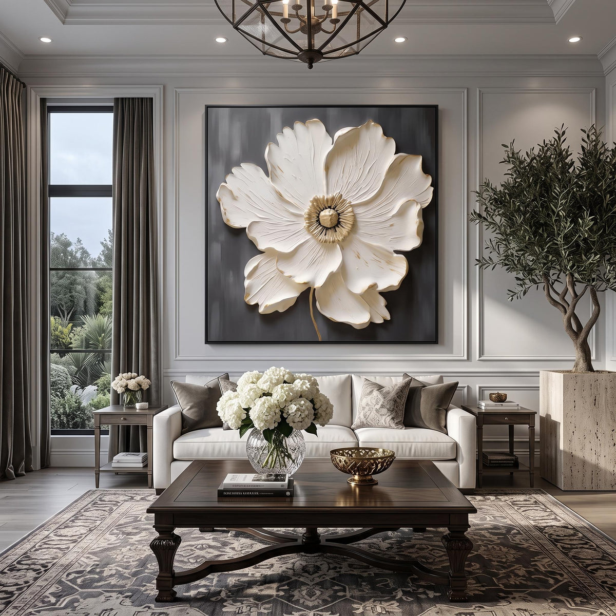"Square White‑Gold Flower" - Modern Heavy Impasto Floral Abstract | White Palette Knife Painting | Luxury Square Wall Art #YK 1619