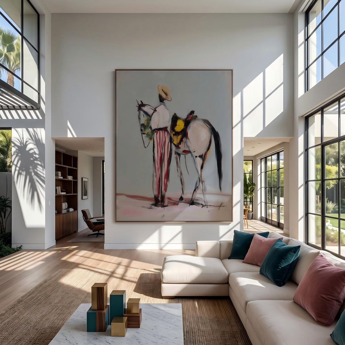"Western Cowboy and Horse" - Modern Heavy Impasto Western Animal Artwork | White Palette Knife Painting | Luxury Vertical Wall Art #YK 1570