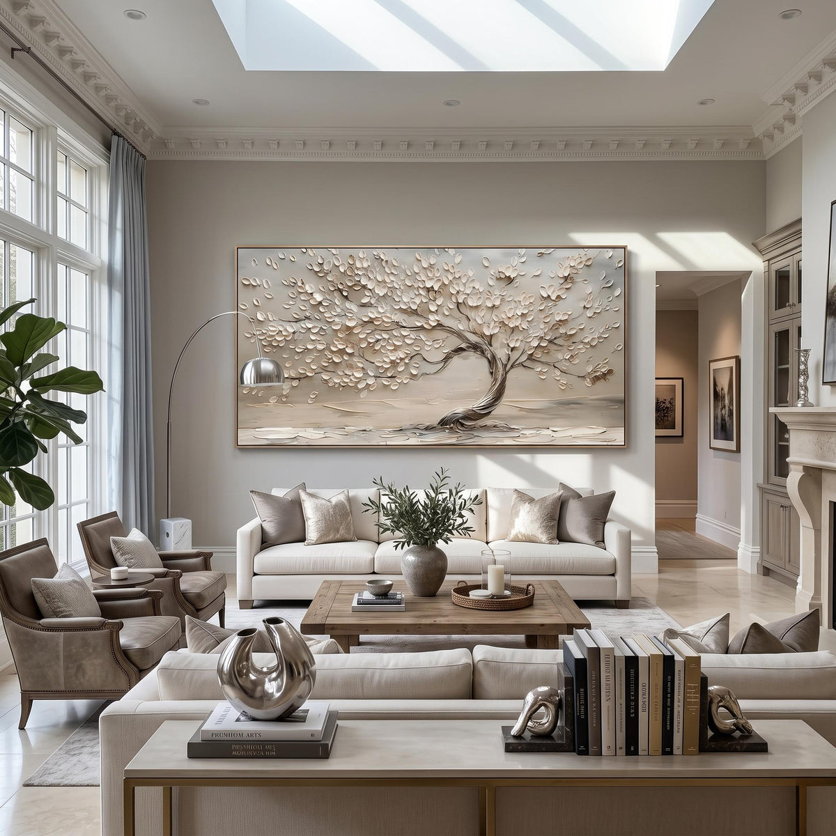 "Life Tree" - Modern Heavy Impasto Botanical Tree Artwork | White Palette Knife Painting | Luxury Horizontal Wall Art #YK 1546