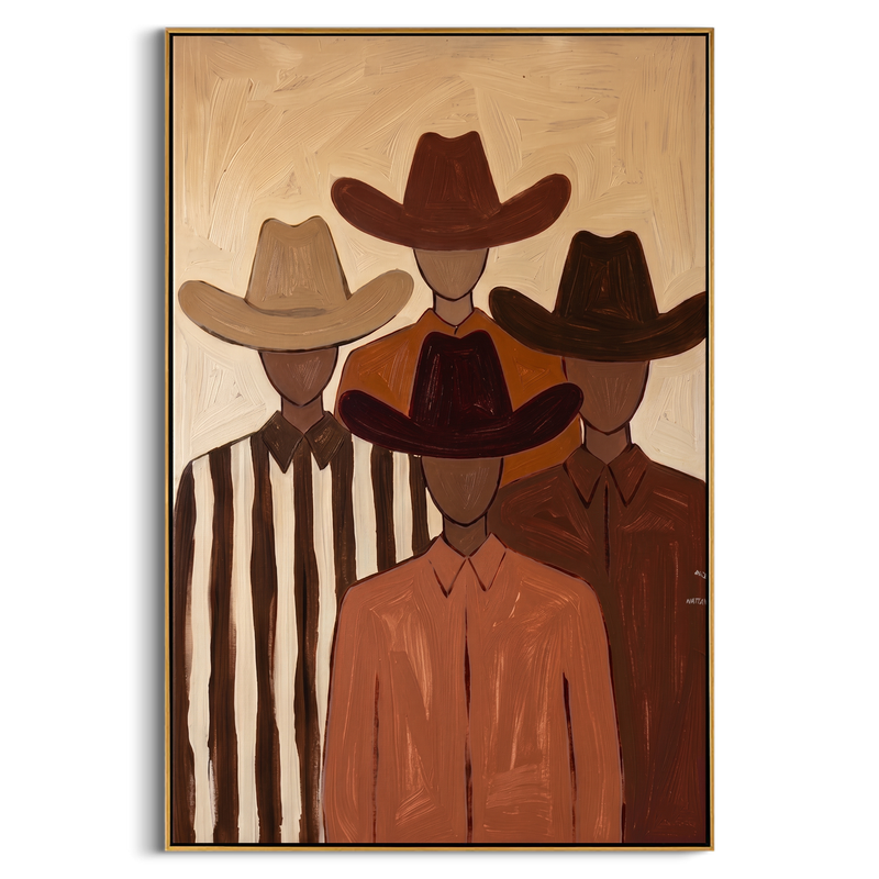 "The Four Cowboys" – Modern Heavy Impasto Western Art | 3D Cinnamon & Sand Palette Knife Painting | Luxury Vertical Wall Art #PE 015