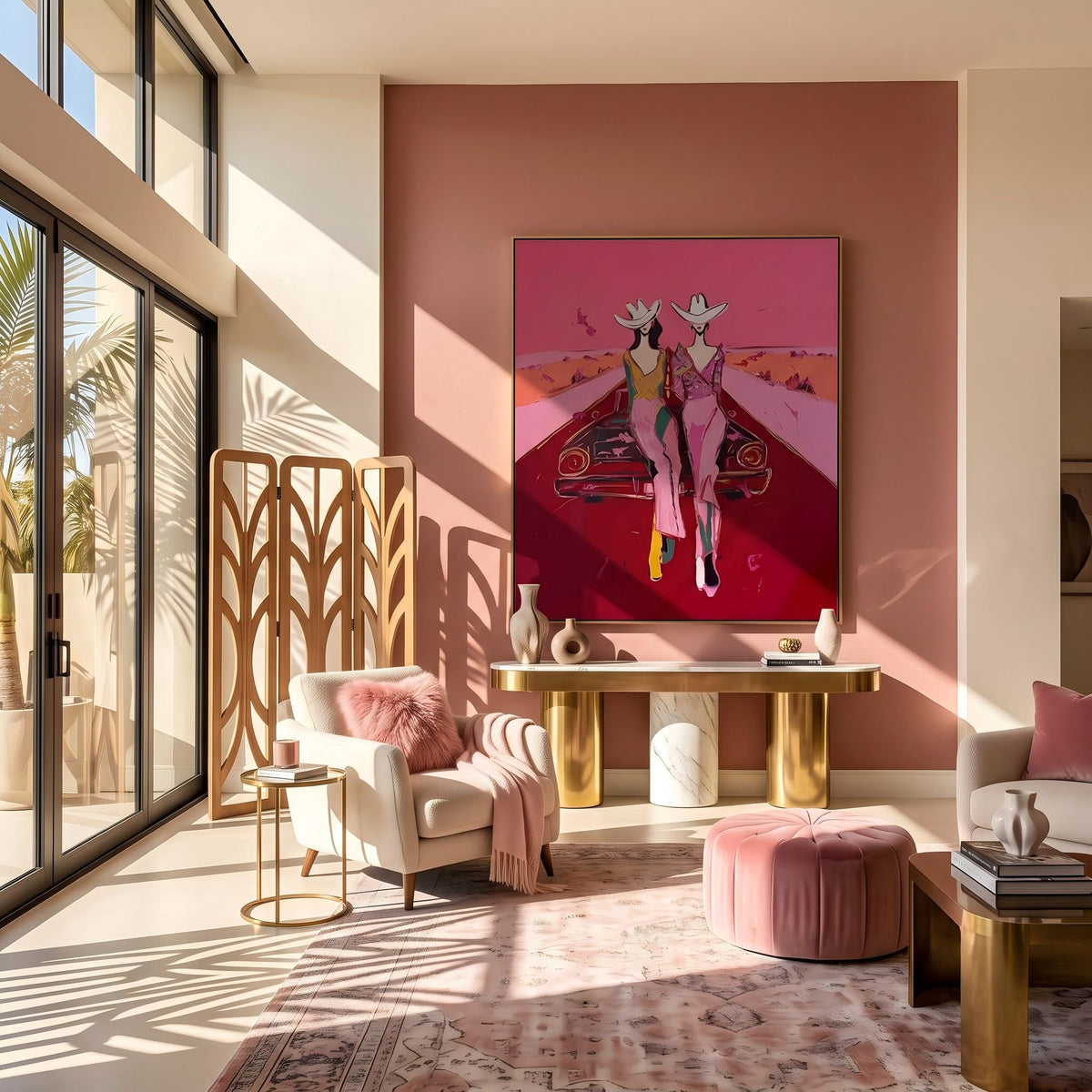 "Cowgirls on the Road" - Modern Heavy Impasto Abstract Artwork | Pink Palette Knife Painting | Luxury Vertical Wall Art #YK 1585