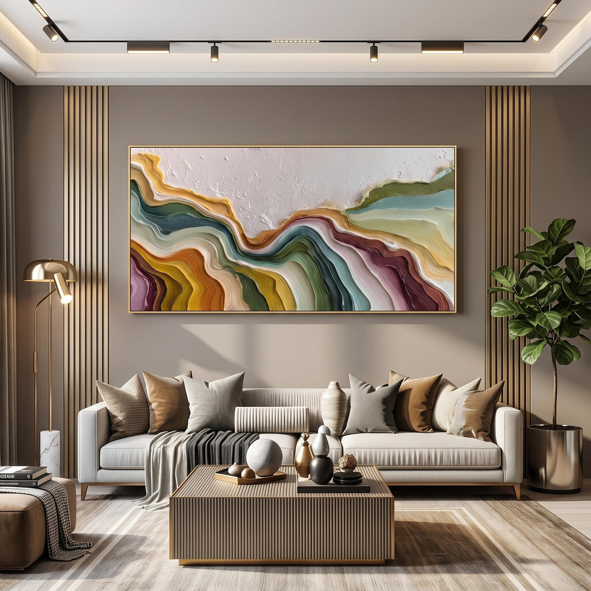 "Color Flowing Layer" - Modern Heavy Impasto Abstract Artwork | Beige Palette Knife Painting | Luxury Horizontal Wall Art #YK 1551