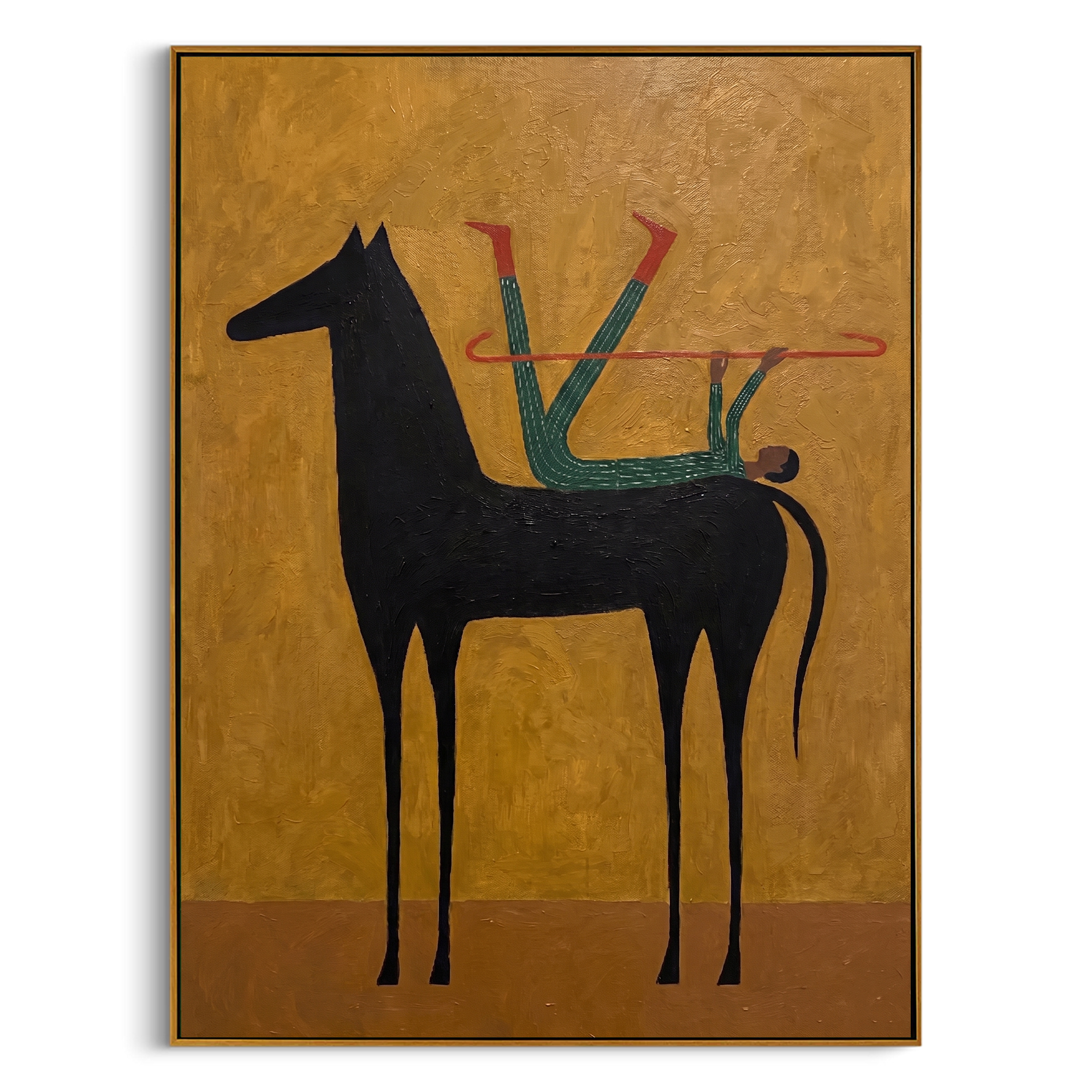 "Acrobat and the Black Horse" – Modern Heavy Impasto Surreal Art | 3D Ochre & Emerald Palette Knife Painting | Luxury Vertical Wall Art #AB 006