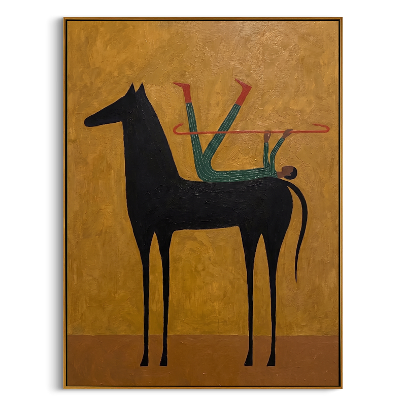 "Acrobat and the Black Horse" – Modern Heavy Impasto Surreal Art | 3D Ochre & Emerald Palette Knife Painting | Luxury Vertical Wall Art #AB 006