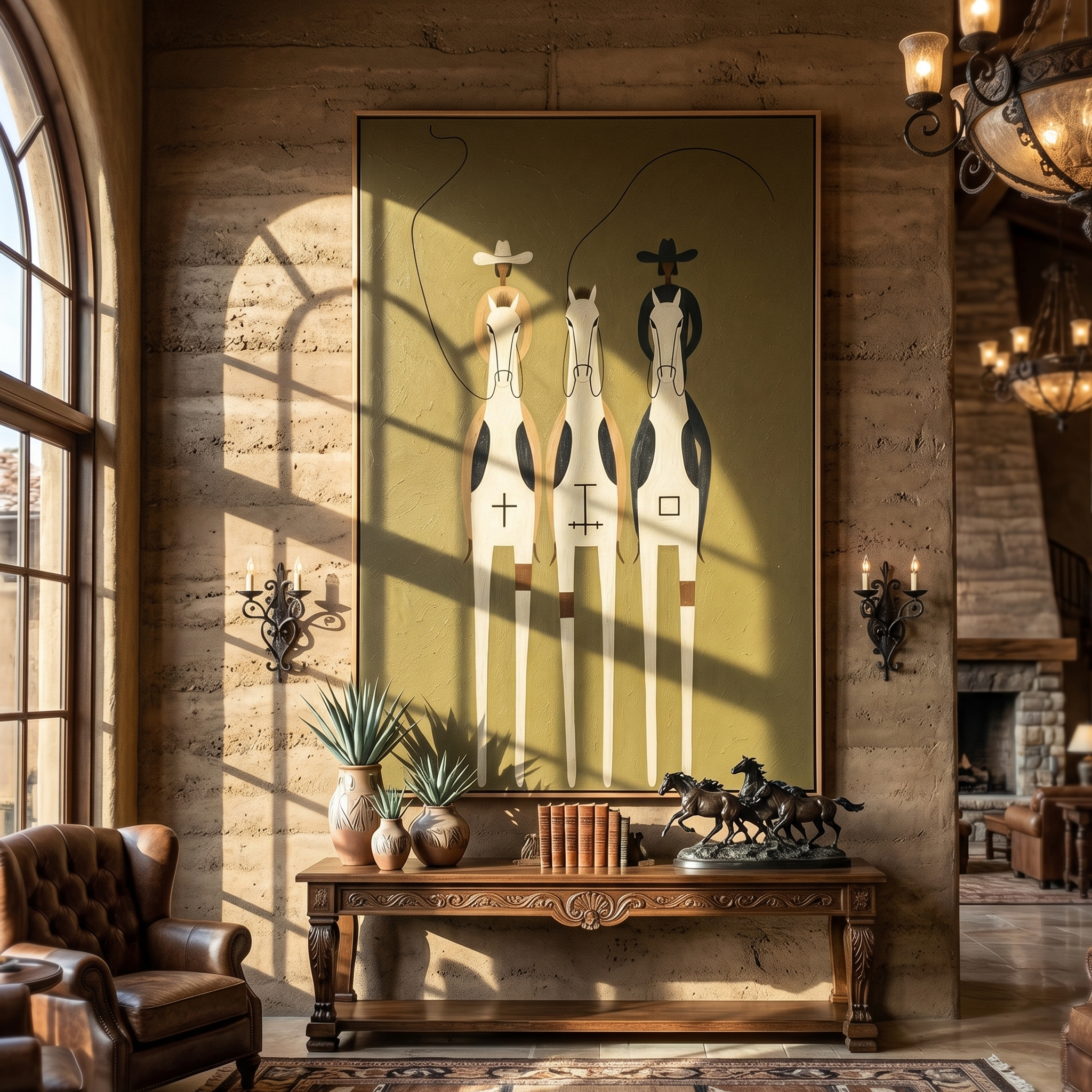 "Frontier Totem Trio" – Abstract Symbolic Impasto Artwork | Bold Equestrian Wall Decor | Contemporary Vertical Statement Piece #AB 013