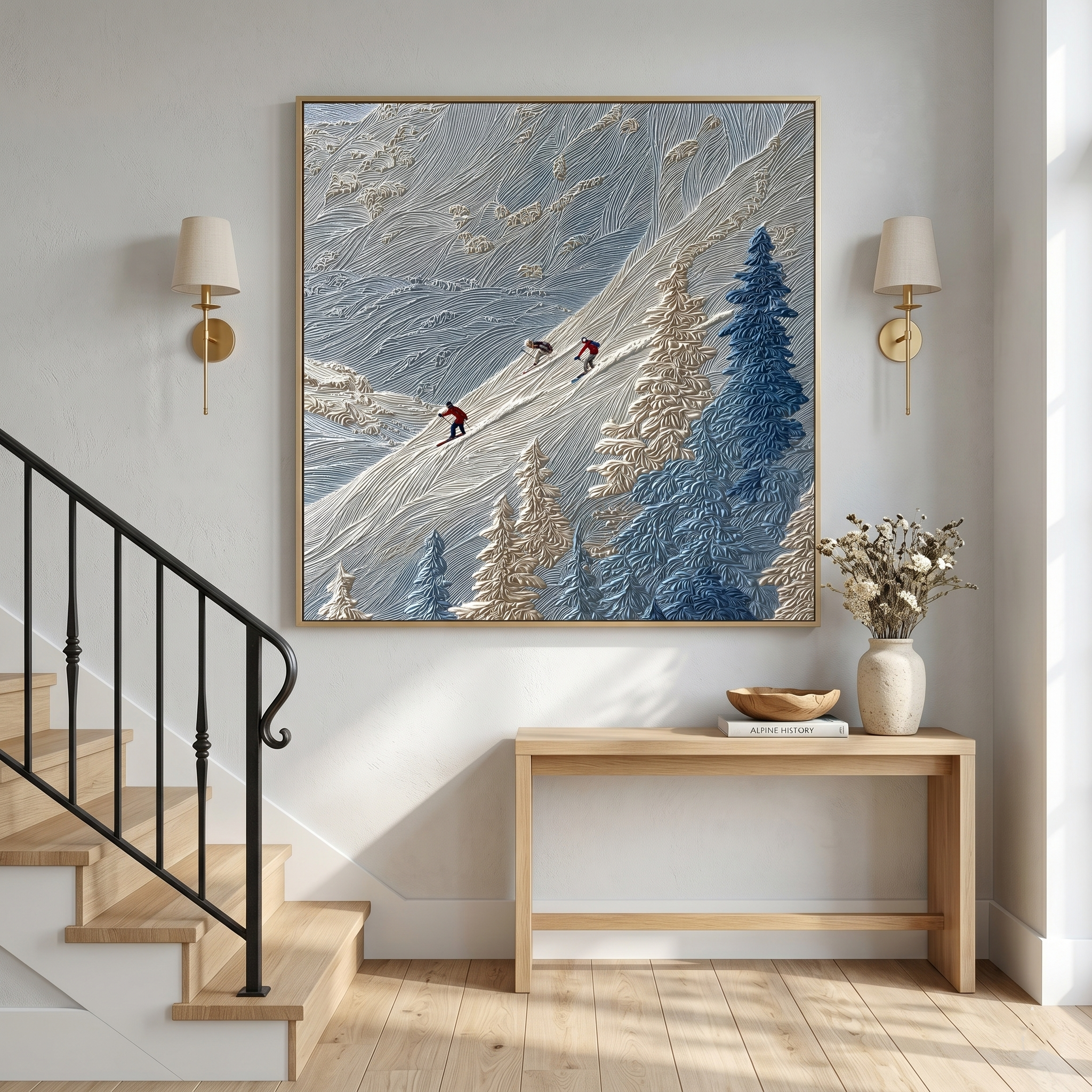 "Alpine Pulse" – Modern 3D Impasto Ski Mountain Relief | Winter Adventure Statement Art