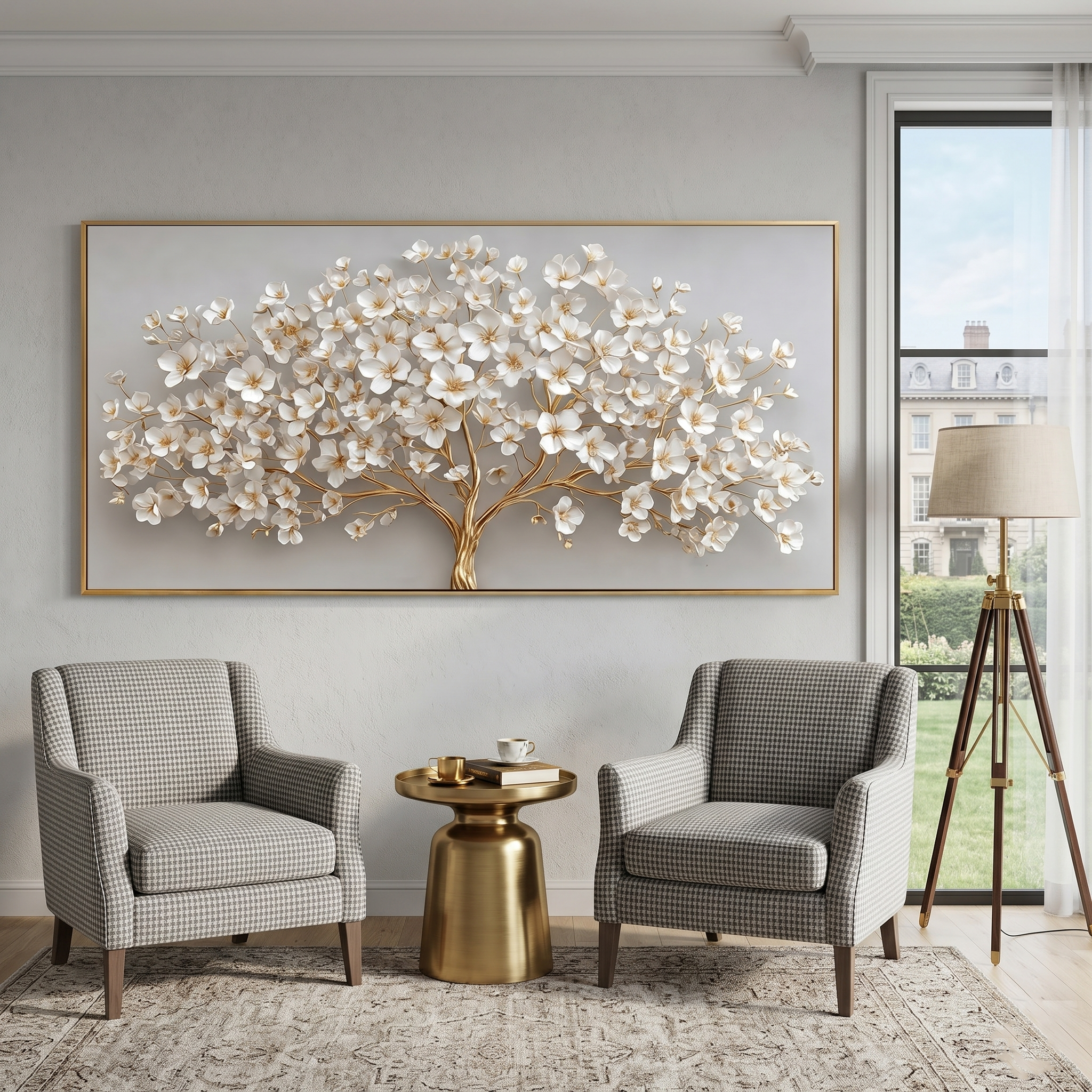 "Gilded Prosperity" – Modern 3D Heavy Impasto Blossom Tree | Luxury Horizontal Statement Art