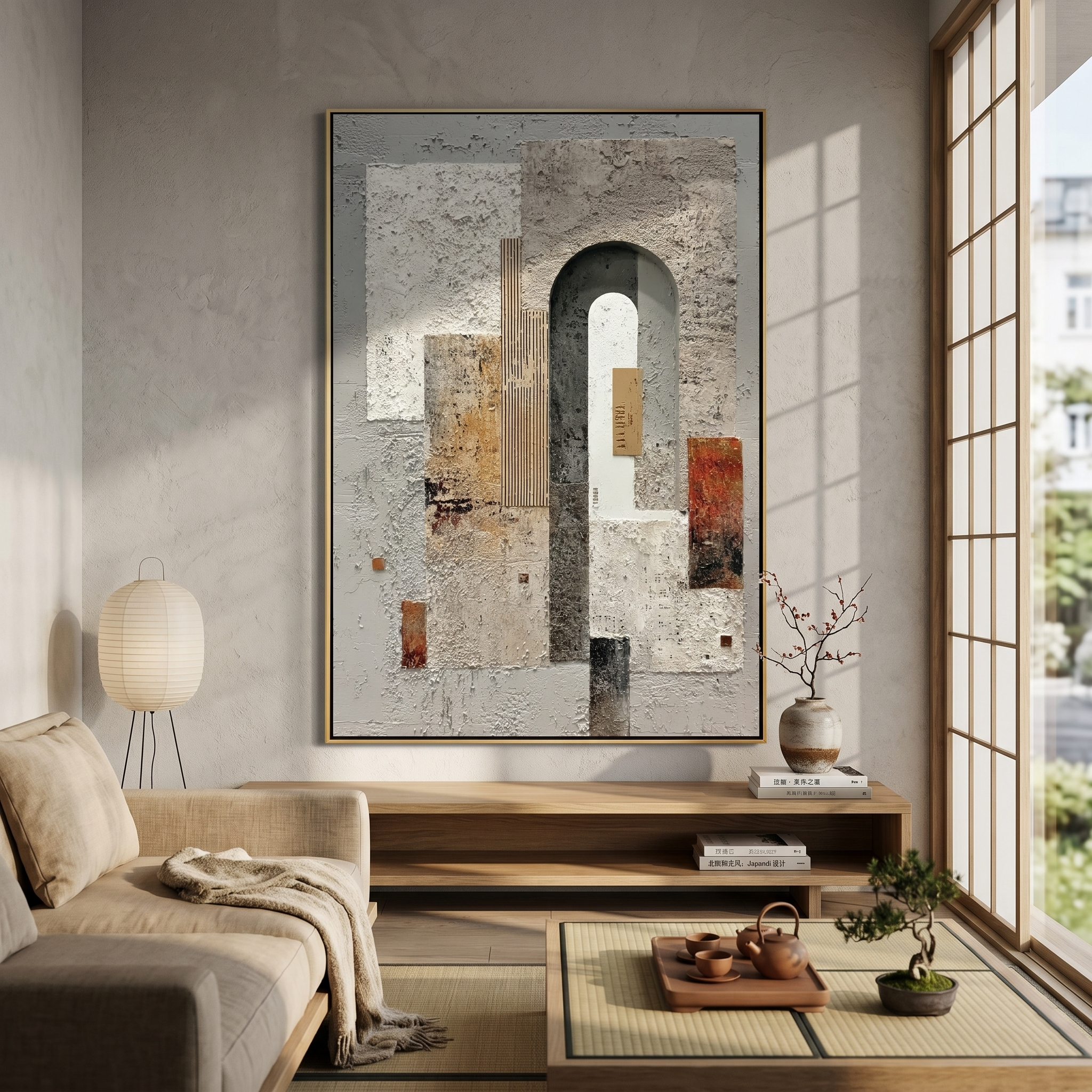 "Weathered Geometric Arch" – Expressive Impasto Abstract Artwork | 3D Layered Neutral Canvas | Luxury Statement Vertical Wall Art#PT 006