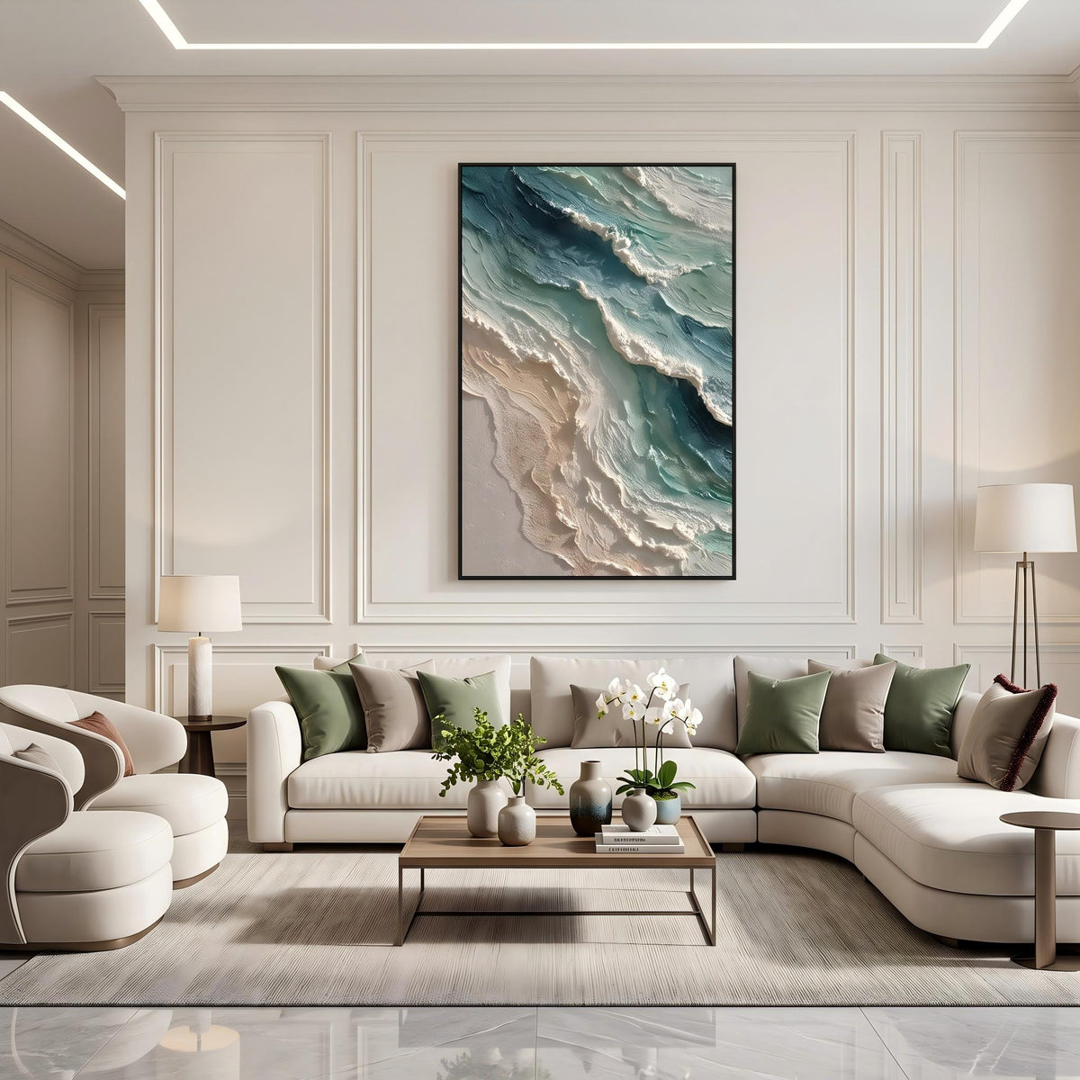 "Blue Green Coastal Wall" - Modern Heavy Impasto Coastal Landscape | Beige Palette Knife Painting | Luxury Vertical Wall Art #YK 1565
