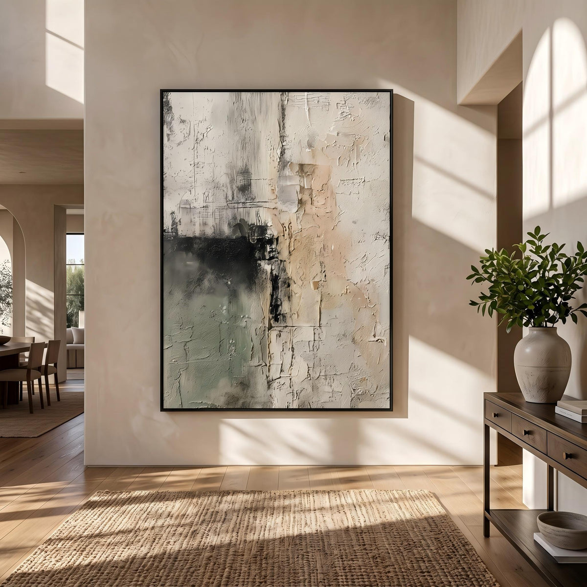 "Sage Green Beige Textured Abstract Wall" - Modern Heavy Impasto Abstract Artwork | Beige Palette Knife Painting | Luxury Vertical Wall Art #YK 1610