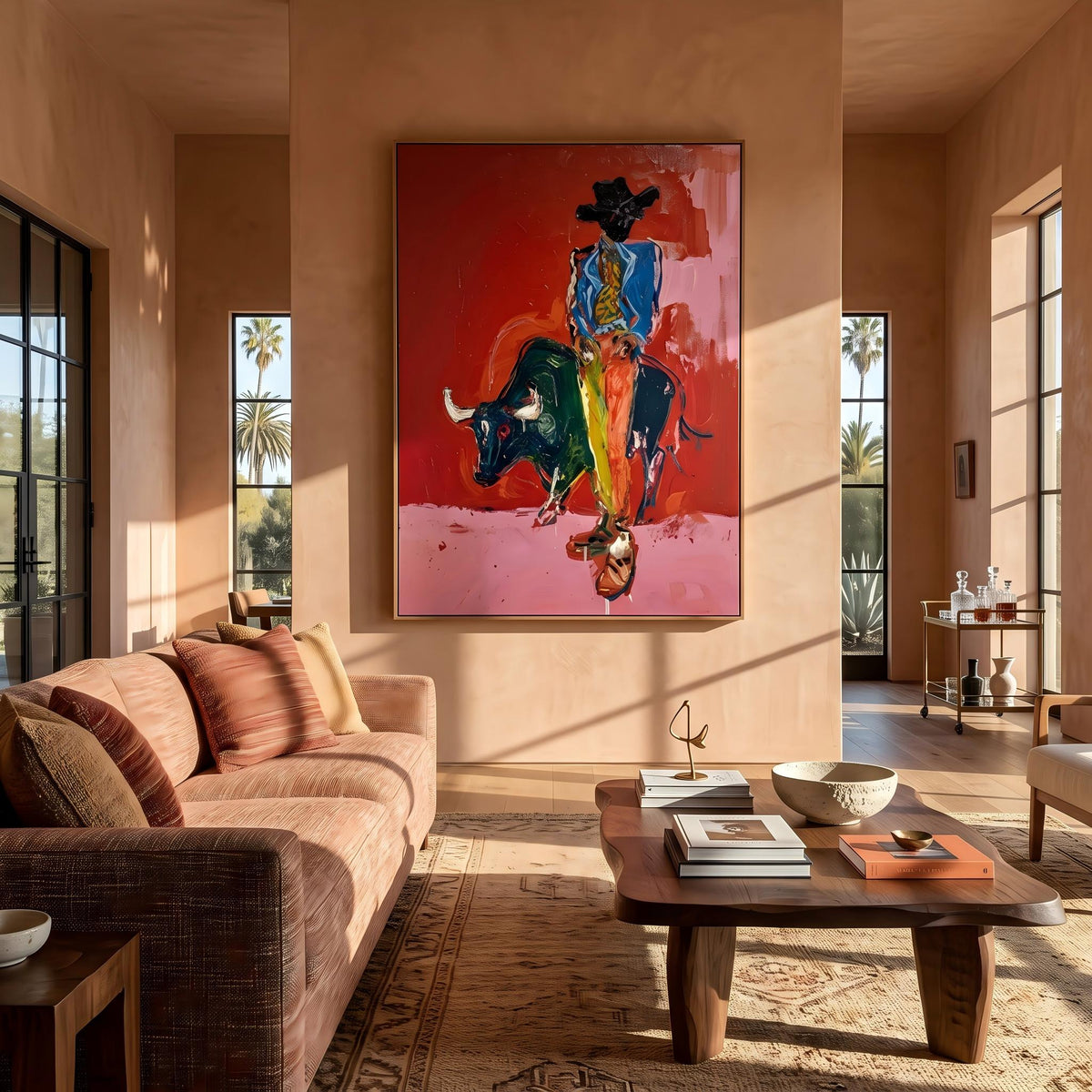 "Bullfighting Western Cowboy" - Modern Heavy Impasto Western Animal Artwork | Pink Palette Knife Painting | Luxury Vertical Wall Art #YK 1581
