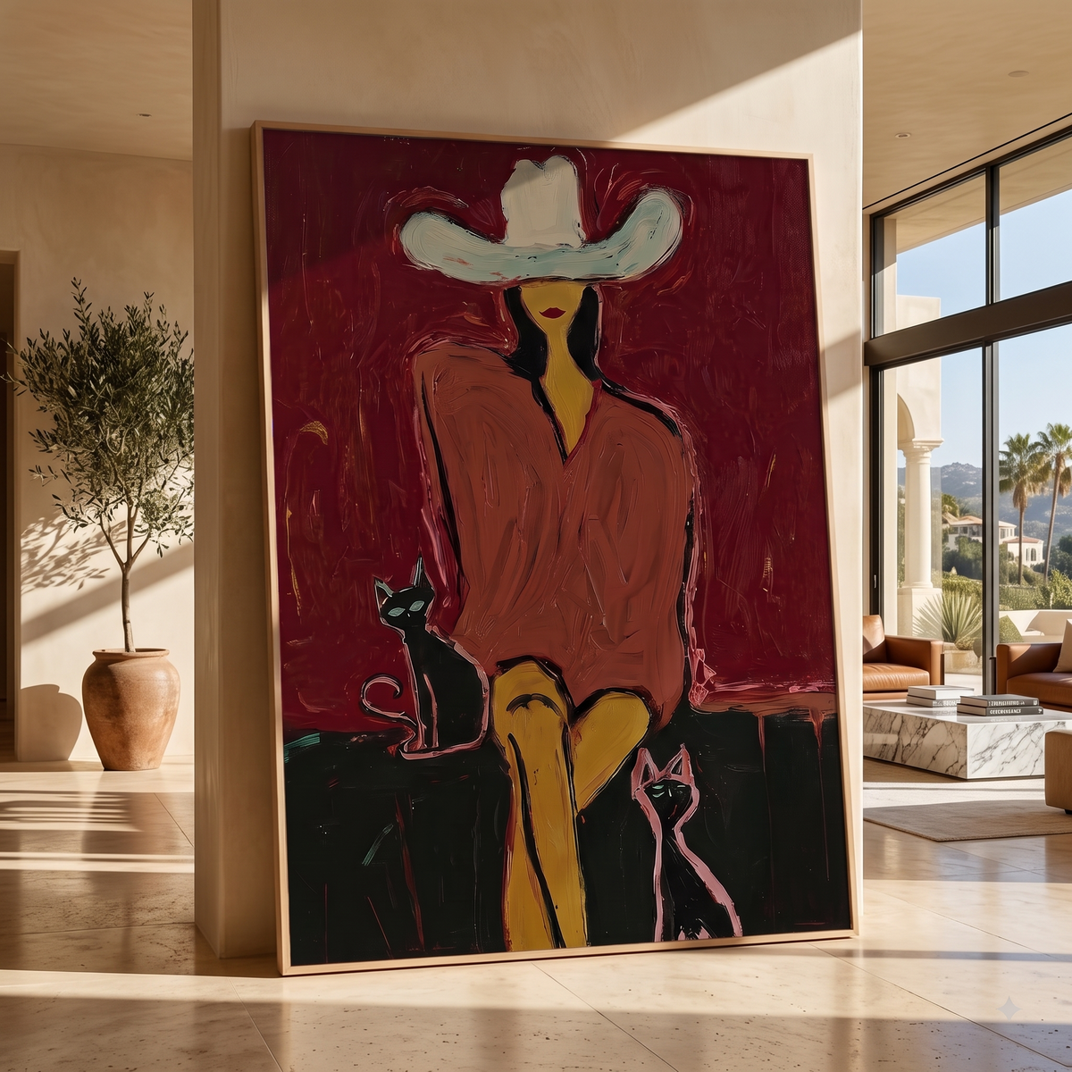"Western Woman and Cat" - Modern Heavy Impasto Western Animal Artwork | Golden Palette Knife Painting | Luxury Vertical Wall Art #YK 1574