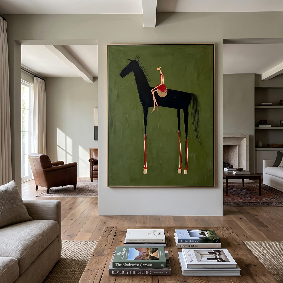 "Black Horse & Rider" - Modern Heavy Impasto Western Animal Artwork | Green Palette Knife Painting | Luxury Vertical Wall Art #YK 1558