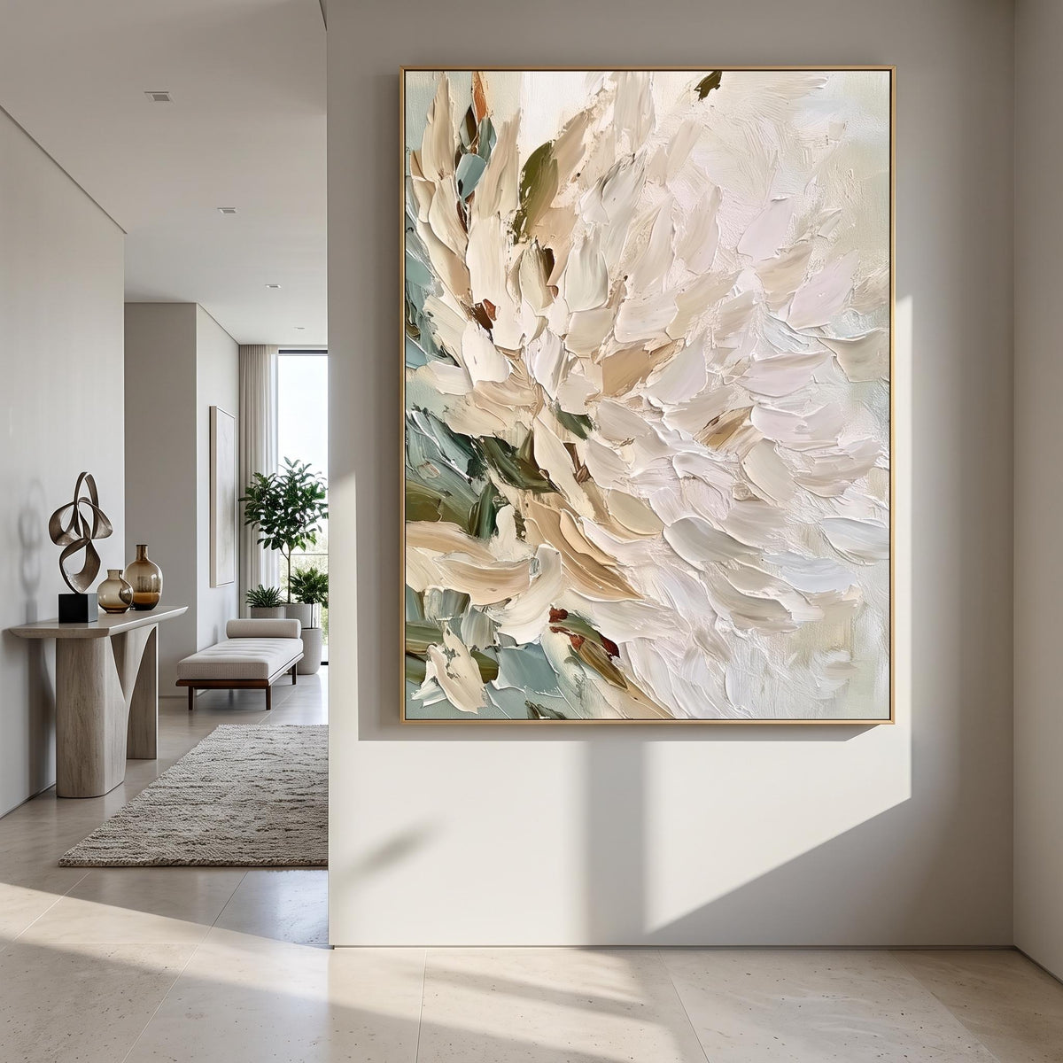 "Vertical Impasto White Flower" - Modern Heavy Impasto Floral Abstract | Beige Palette Knife Painting | Luxury Vertical Wall Art #YK 1553