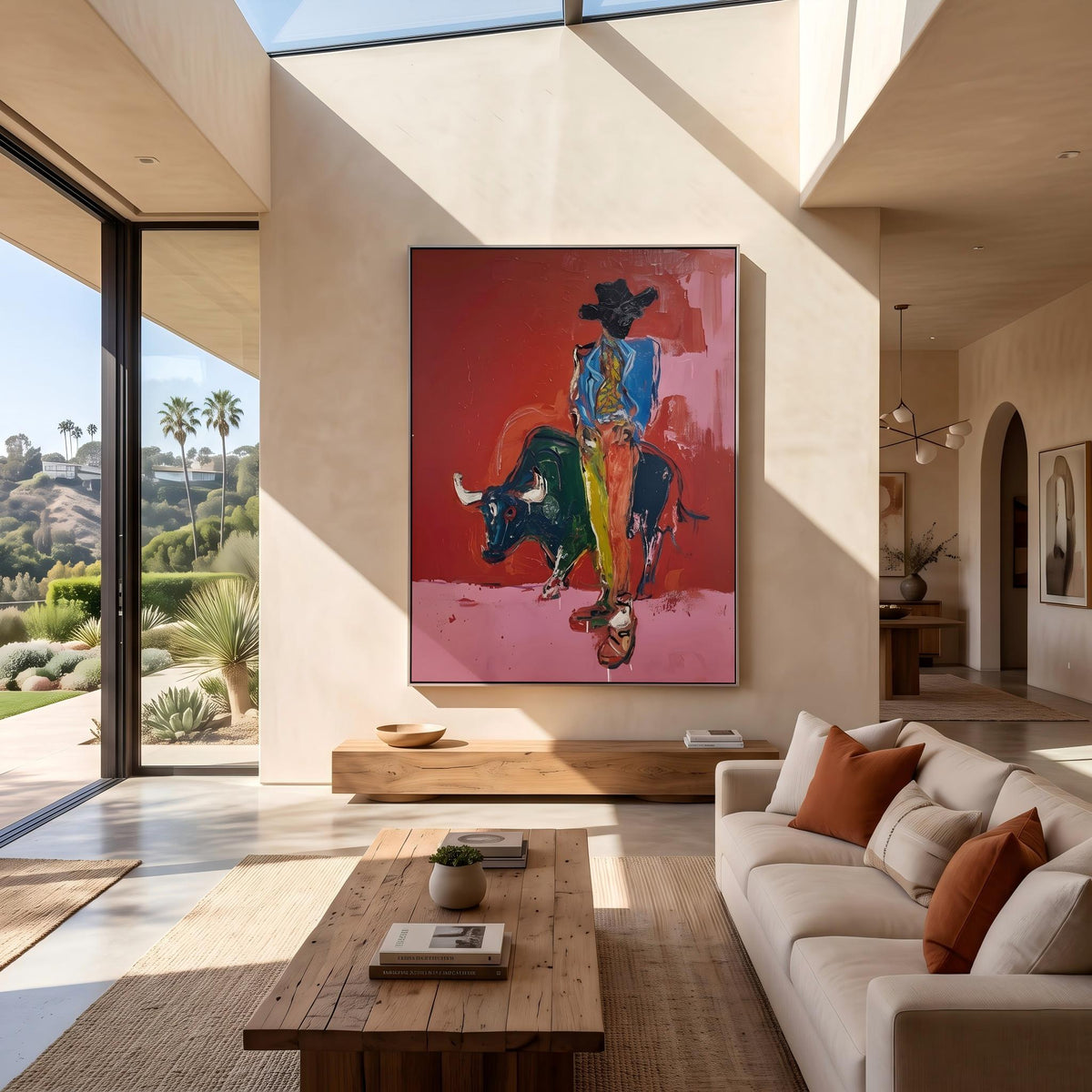 "Bullfighting Western Cowboy" - Modern Heavy Impasto Western Animal Artwork | Pink Palette Knife Painting | Luxury Vertical Wall Art #YK 1581