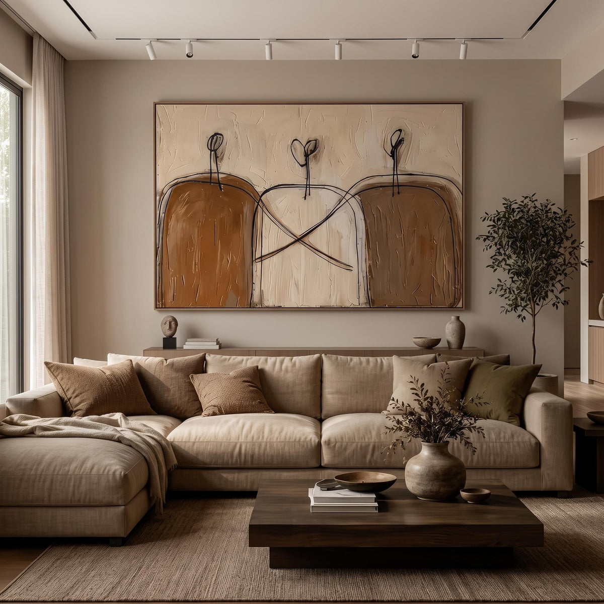 "Earthy‑Tone Minimal Abstract Figure Wall" - Modern Heavy Impasto Abstract Artwork | Brown Palette Knife Painting | Luxury Horizontal Wall Art #YK 1618