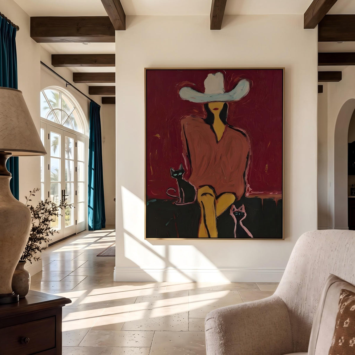 "Western Woman and Cat" - Modern Heavy Impasto Western Animal Artwork | Golden Palette Knife Painting | Luxury Vertical Wall Art #YK 1574