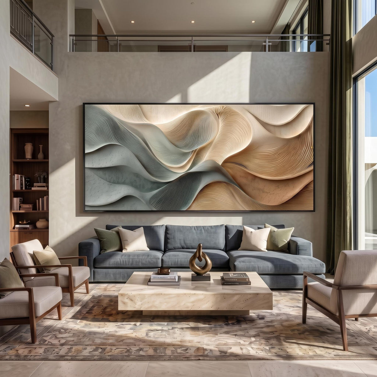 "Dusty Blue Beige Heavy‑Texture Wave" - Modern Heavy Impasto Ocean Wave Seascape | Beige Palette Knife Painting | Luxury Horizontal Wall Art #YK 1608