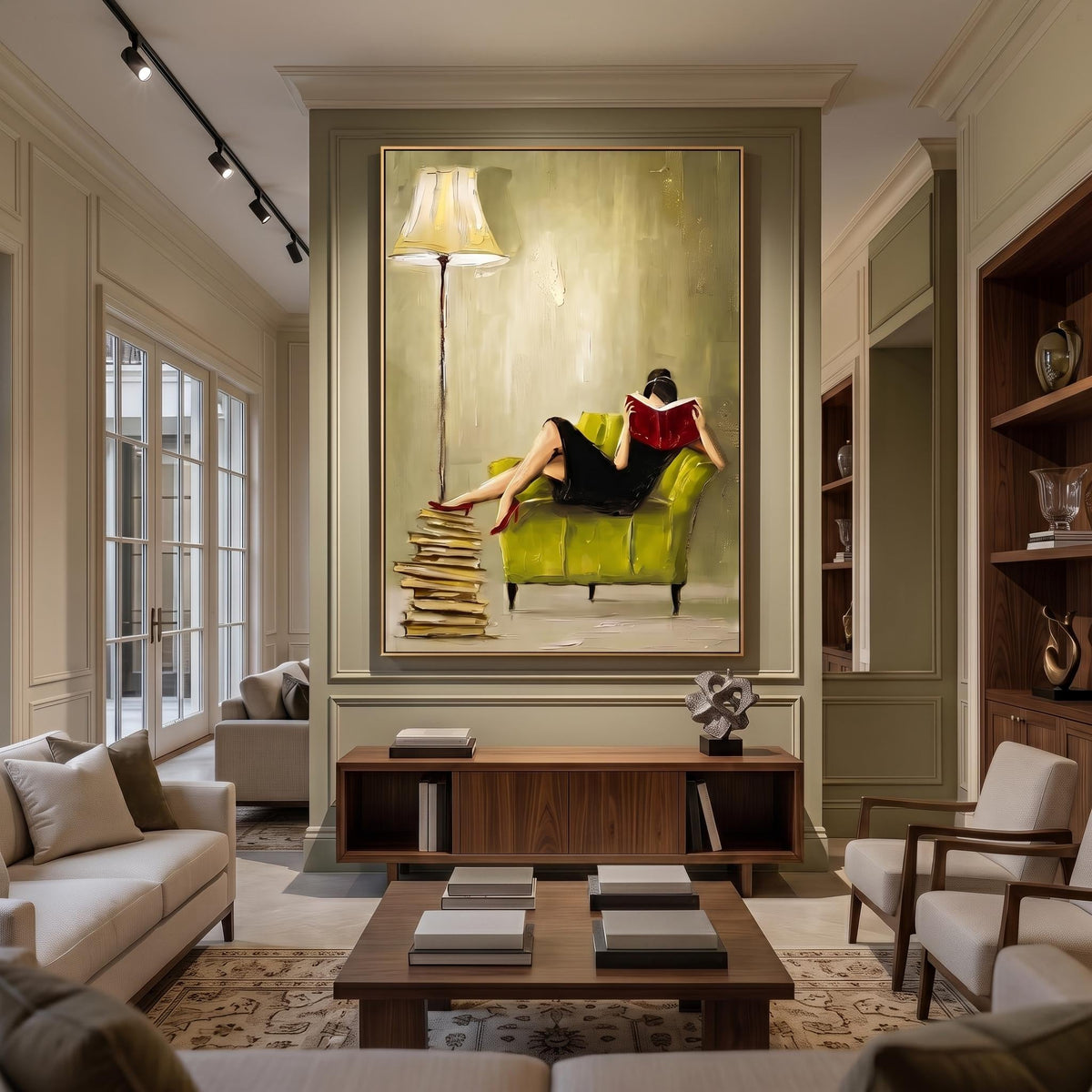 "Woman Reading" - Modern Heavy Impasto Abstract Artwork | Beige & Yellow Palette Knife Painting | Luxury Vertical Wall Art #YK 1620