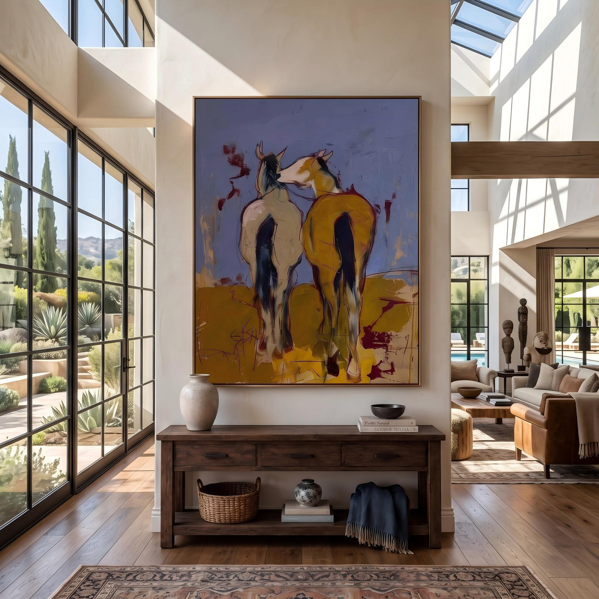 "Wild Companions" - Modern Heavy Impasto Western Animal Artwork | Yellow Palette Knife Painting | Luxury Vertical Wall Art #YK 1573
