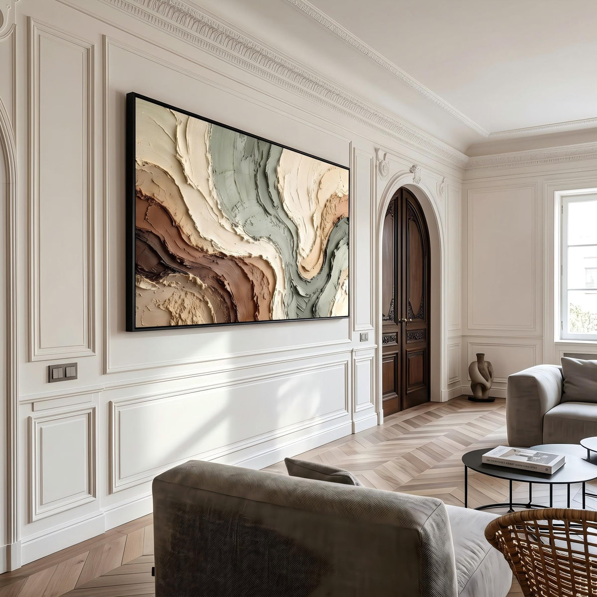 "Muted Green Brown Flow Textured Art" - Modern Heavy Impasto Abstract Artwork | Beige Palette Knife Painting | Luxury Horizontal Wall Art #YK 1612