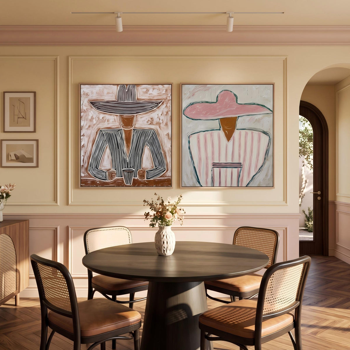 "Double Wide Striped Hat Western Cowboy and Girl" - Modern Heavy Impasto Western Animal Artwork | Golden Palette Knife Painting | Luxury Two-Panel Square Wall Art #YK 1568