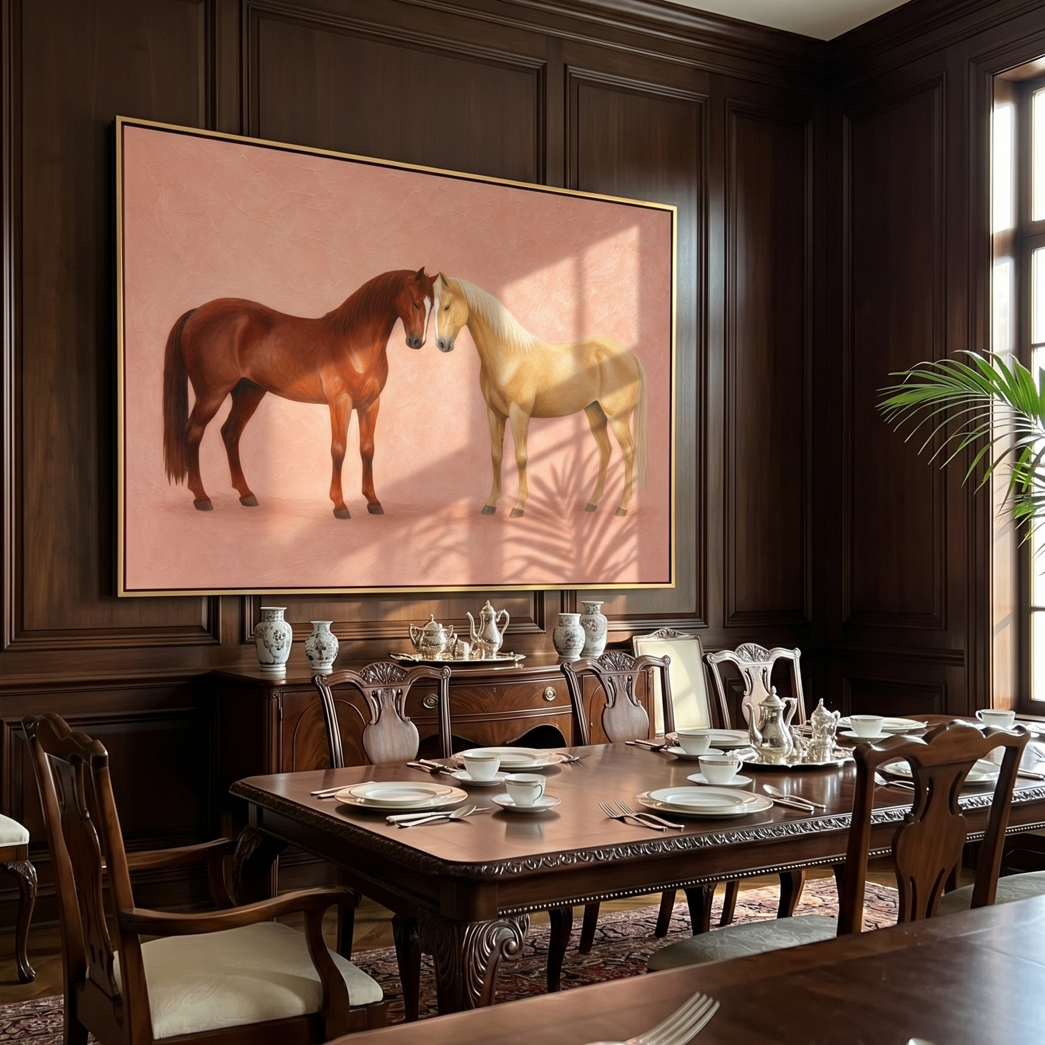 "Bonded Equine Pair" – Modern Heavy Impasto Animal Art | 3D Russet & Sand Palette Knife Painting | Luxury Horizontal Wall Art #AN 004