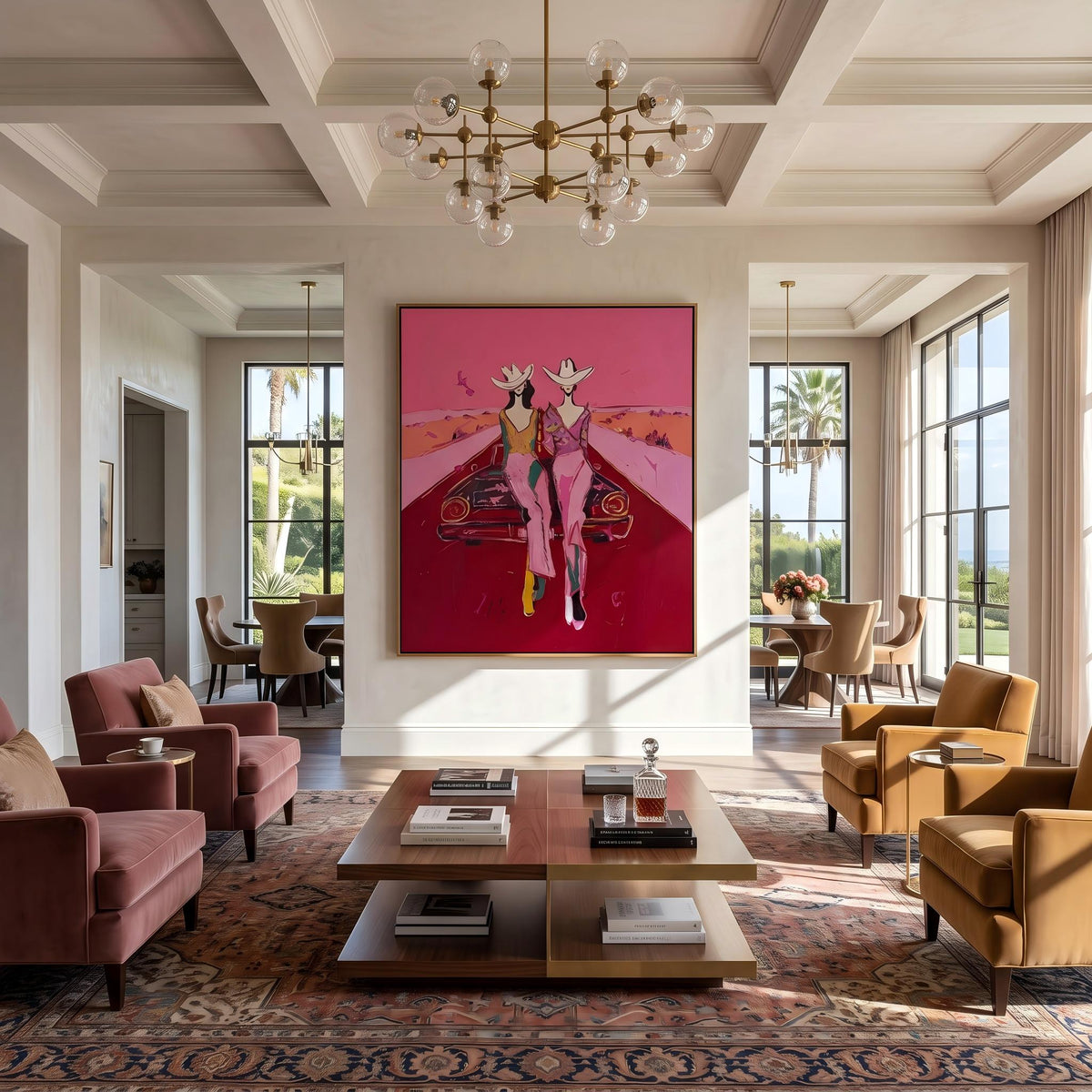 "Cowgirls on the Road" - Modern Heavy Impasto Abstract Artwork | Pink Palette Knife Painting | Luxury Vertical Wall Art #YK 1585