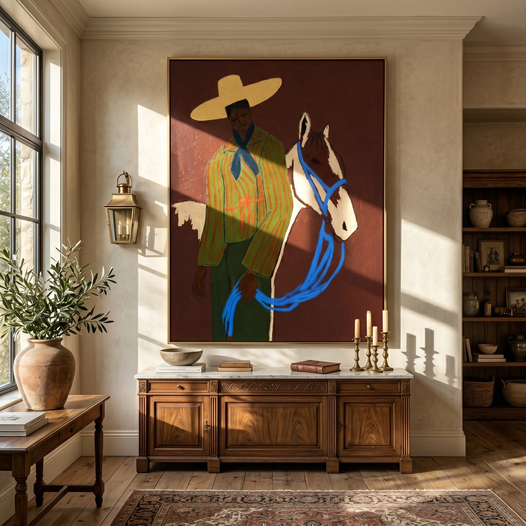 "The Herder & His Pinto" – Modern Heavy Impasto Folk Western Art | 3D Russet & Cobalt Palette Knife Painting | Luxury Vertical Wall Art #PT 022