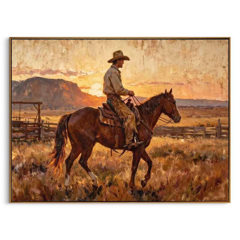 "Sunset Cowboy Rider" – Modern Heavy Impasto Western Art | 3D Amber & Terracotta Palette Knife Painting | Luxury Horizontal Wall Art #PT 035