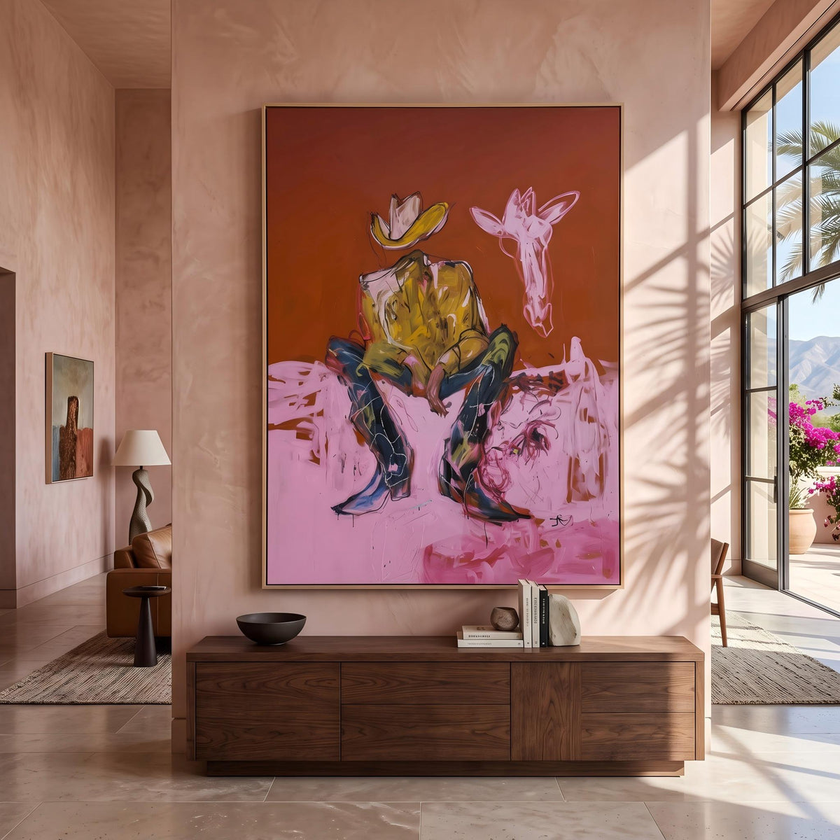"Squatting faceless cowboy" - Modern Heavy Impasto Western Animal Artwork | Pink Palette Knife Painting | Luxury Vertical Wall Art #YK 1578