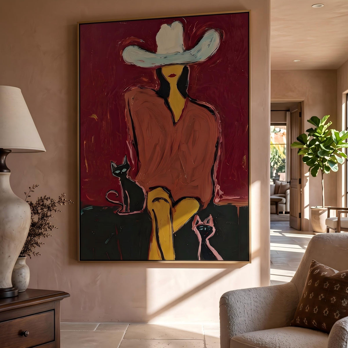 "Western Woman and Cat" - Modern Heavy Impasto Western Animal Artwork | Golden Palette Knife Painting | Luxury Vertical Wall Art #YK 1574