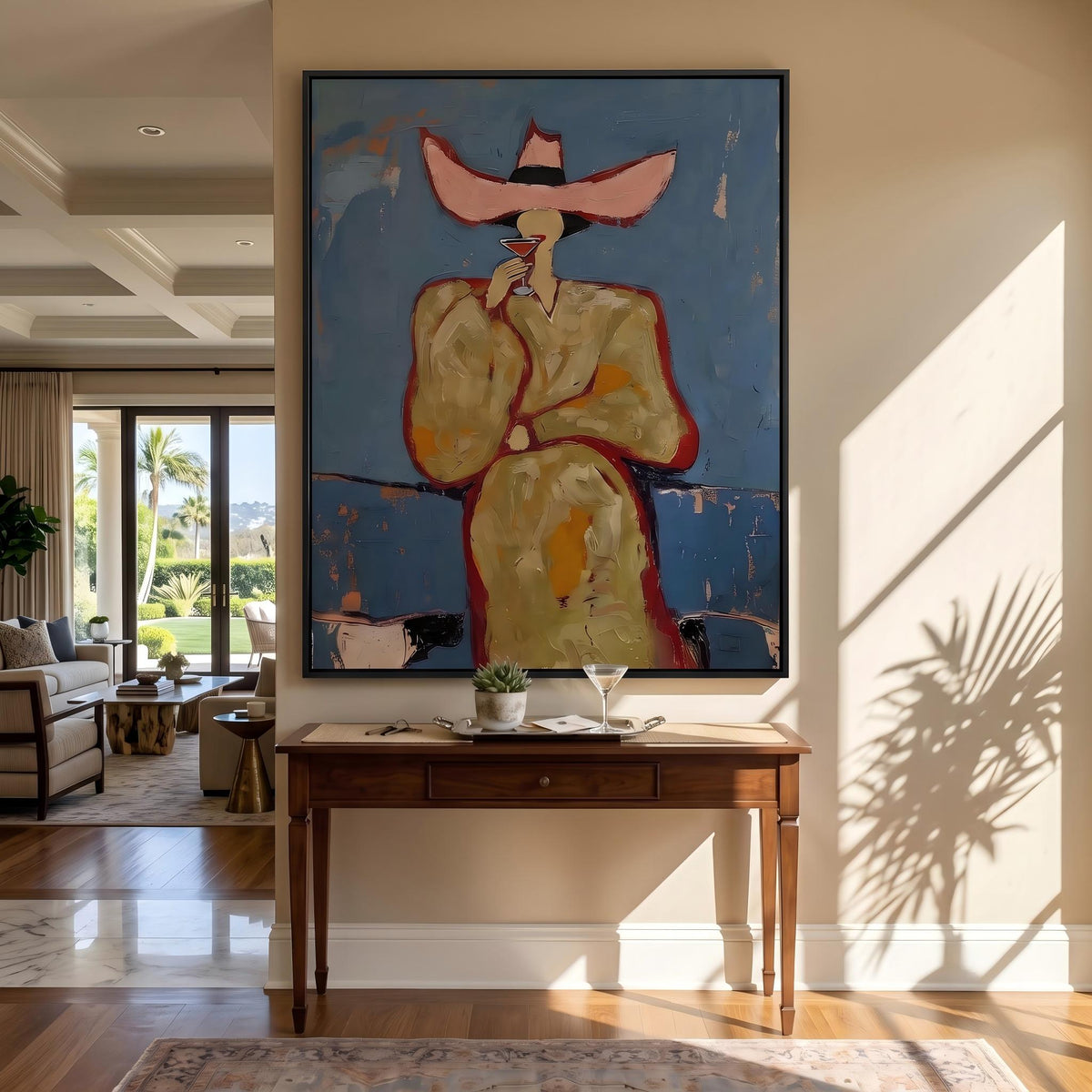 "Pink cowboy hat woman drinking cocktail" - Modern Heavy Impasto Western Animal Artwork | Golden & Orange Palette Knife Painting | Luxury Vertical Wall Art #YK 1576