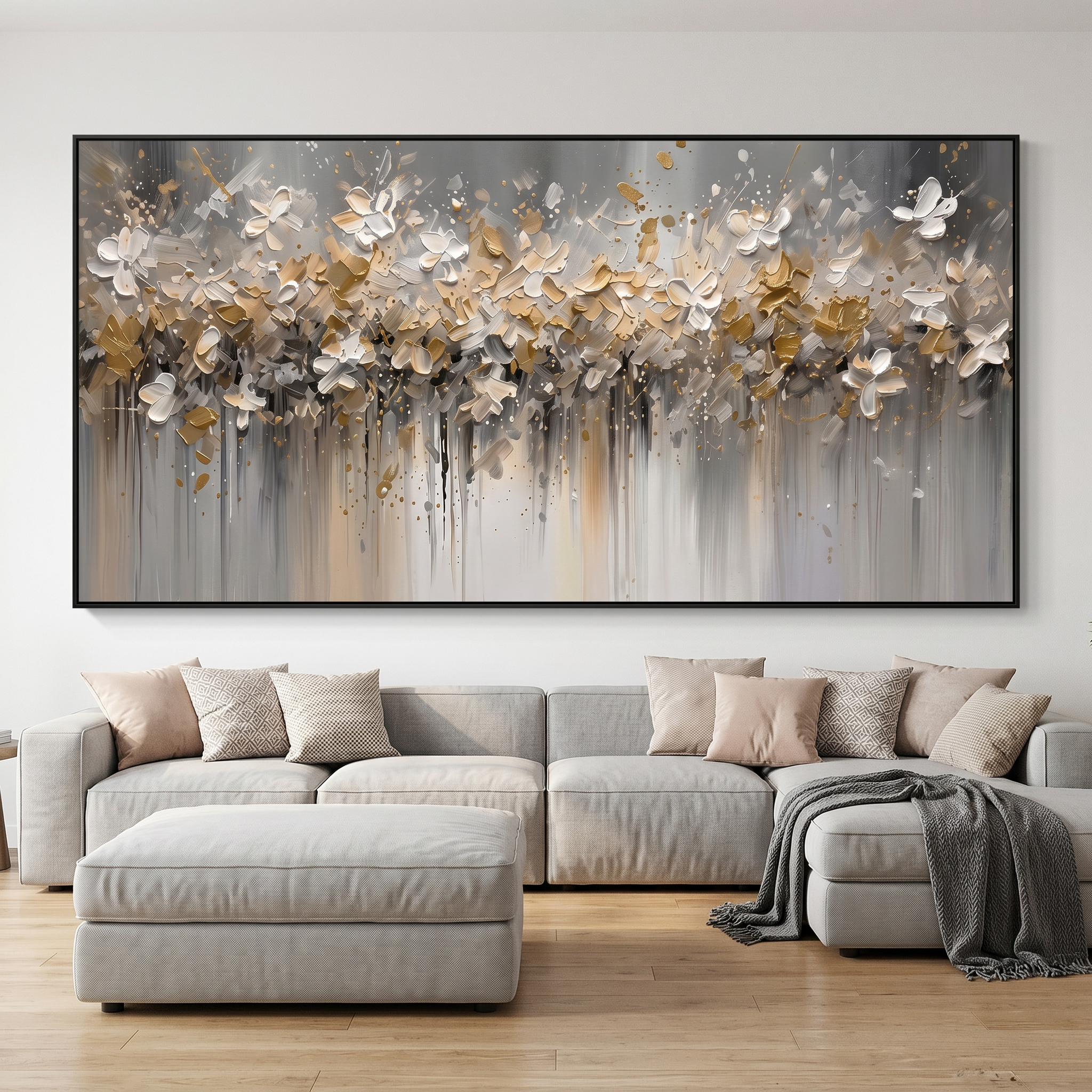 "Gilded Meadow" – Modern Abstract Gold Foil Impasto Floral Painting | Panoramic Living Room Centerpiece