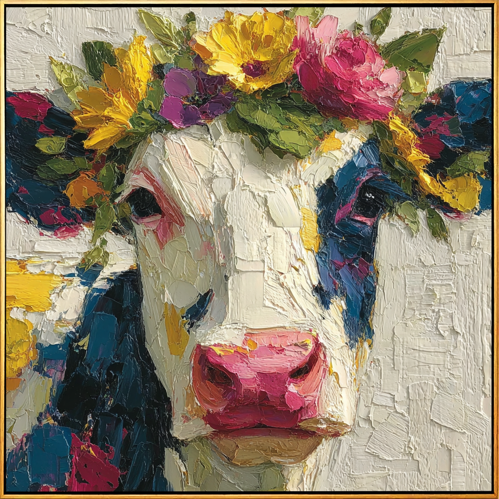 "Whimsical Bovine Beauty" – Tactile Farm Animal Art | Vibrant Floral & Neutral Impasto Wall Decor | Contemporary Square Art#AN 002
